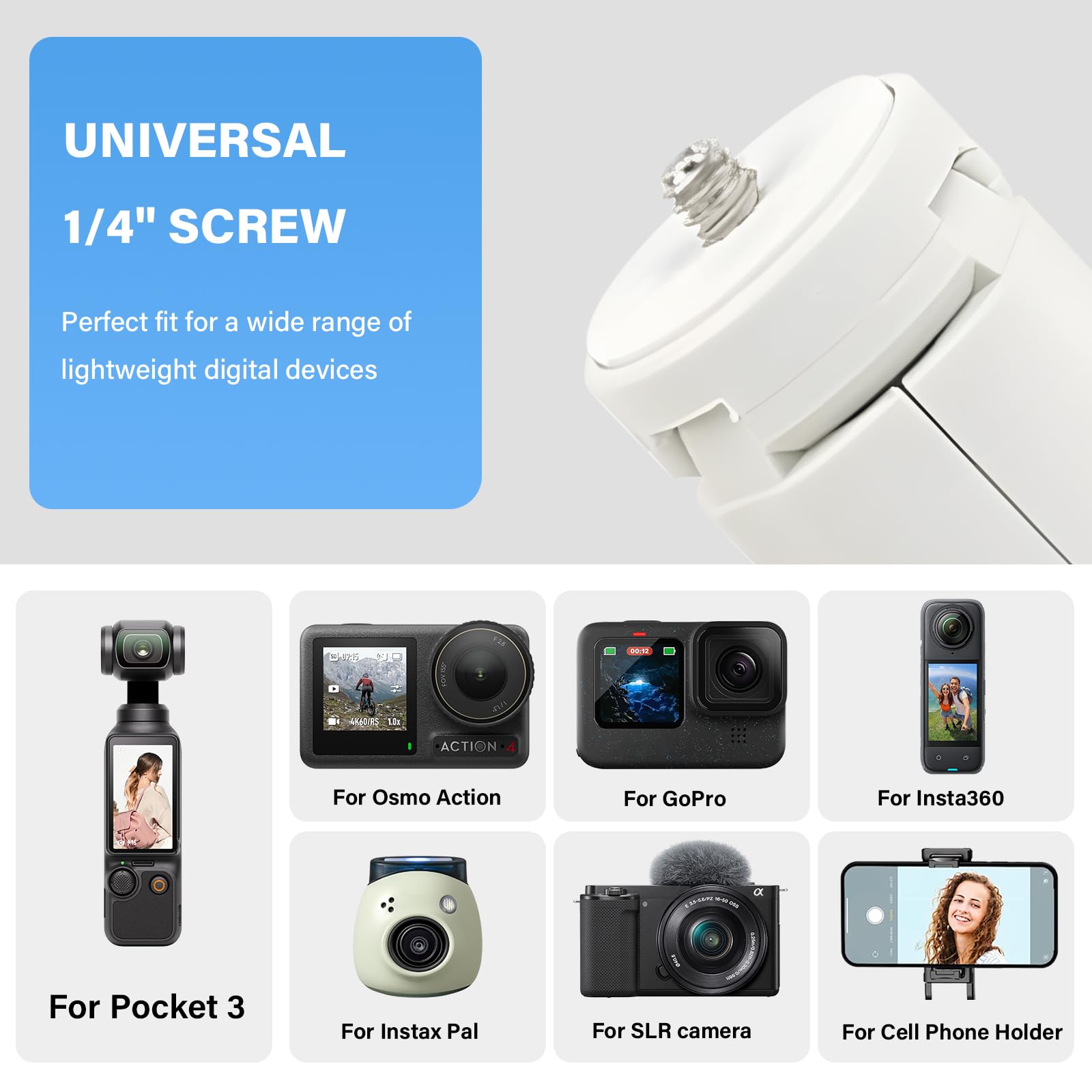 Tyuandouer Pocket 3 Mini Tripod For Dji Osmo Pocket 3 2 1, Compact Foldable Vlog Tripod For Dji Om 4/Action 3 4/Gopro Hero 12 11/For Insta360 X4/For Instax Mini Pal With 1/4 Inch Screw - White