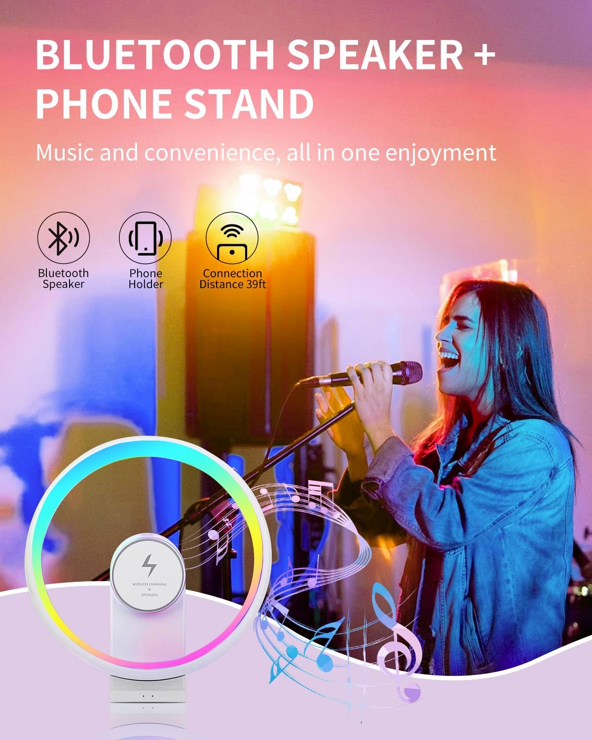 Pluwel 5-In-1 Ambient Bedside Table Lamp With Dimmable Rgb Night Lights, Portable Bluetooth Speaker, 15W Wireless Charging Station, Sturdy Phone Holder, Trendy For Teen Boy Girl