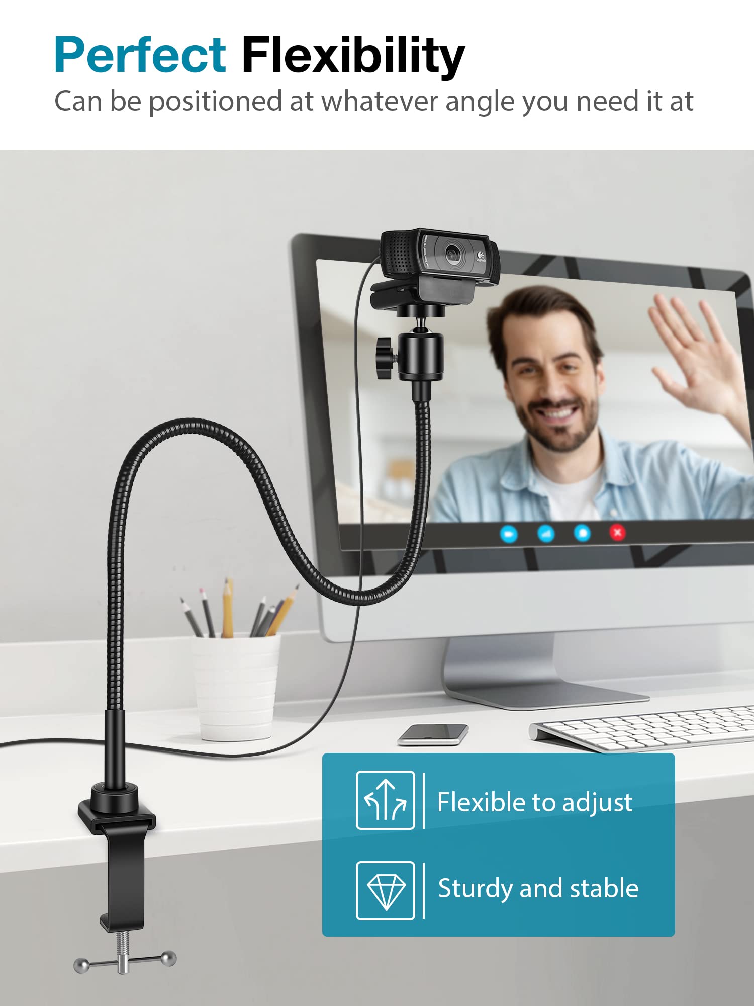 Innogear Webcam Stand With Phone Mount, Desk Camera Arm Stands Gooseneck For Logitech Webcam Brio 4K C960 C920 C920S C922 C922X C925E C930 C930E C615 Nexigo N60, Right Light, Gopro With 1/4" Thread