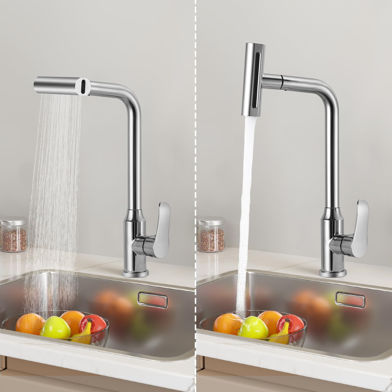 Fefue Waterfall Kitchen Faucet With Pull-Out Sprayer With 4 Modes Sprayer, Stainless Steel 360° Swivel Kitchen Sink Faucet, High Arc Single Hole Sink Faucet (Silvery)
