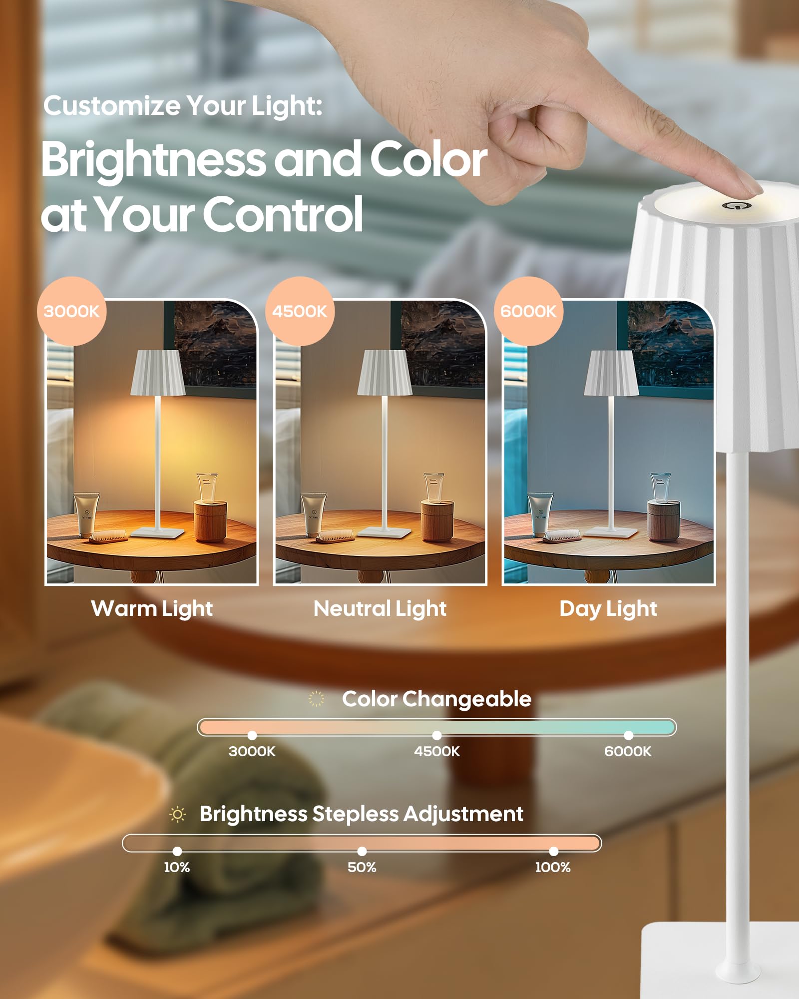 Jazava Cordless Led Table Lamps, White Desk Lamp With 5200Mah Battery Operated, Touch Control, 3 Colors Stepless Dimming For Home Office Restaurant Bedroom Bars (2 Pack), Tl02Wh-2Pk