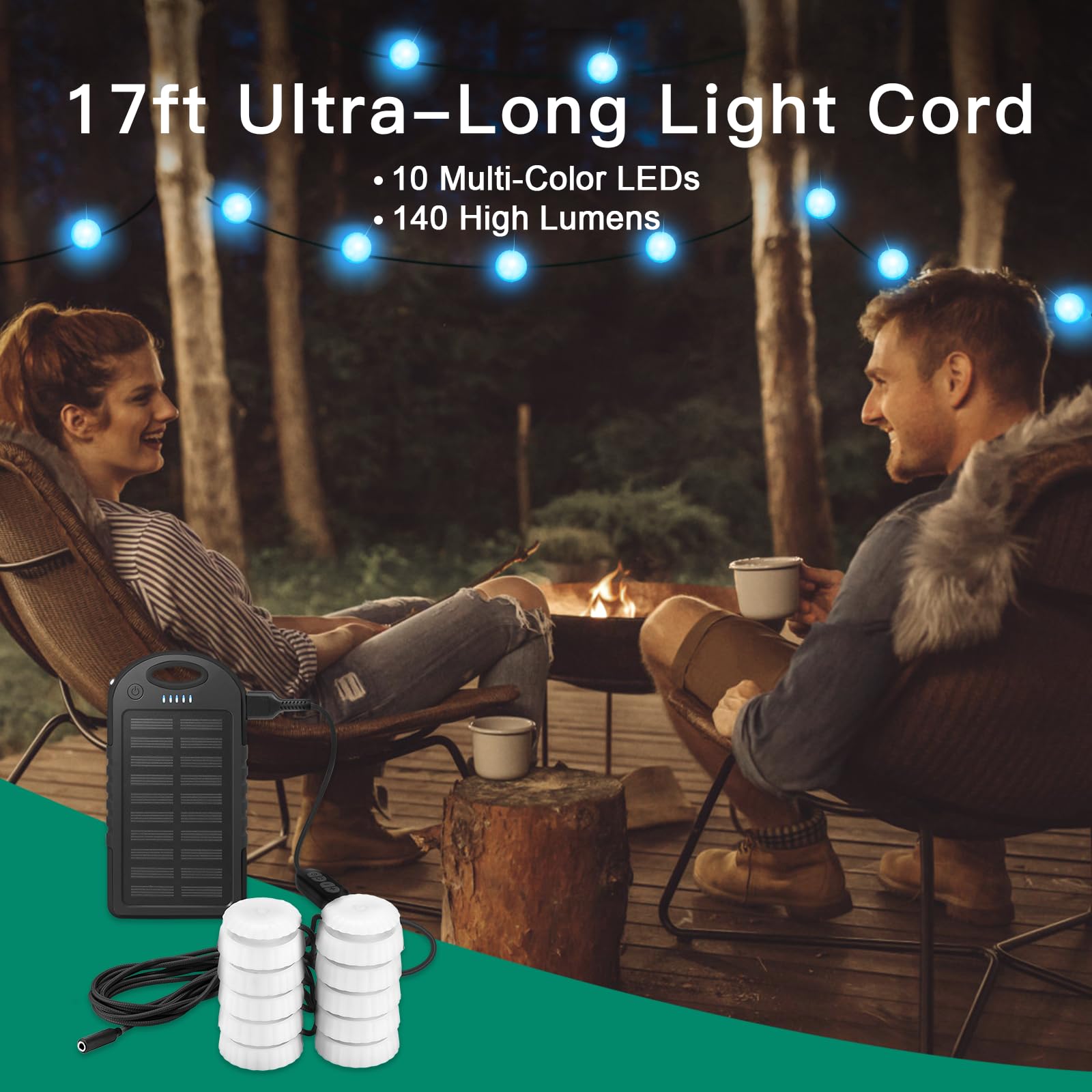 Anpro Solar Camping String Lights, 17Ft Ultra Long String With 10Leds, Multi-Color 7 Light Colors, Solar Powered With 5 Light Modes, Ipx4 Waterproof For Outdoors, Decorations, Camping