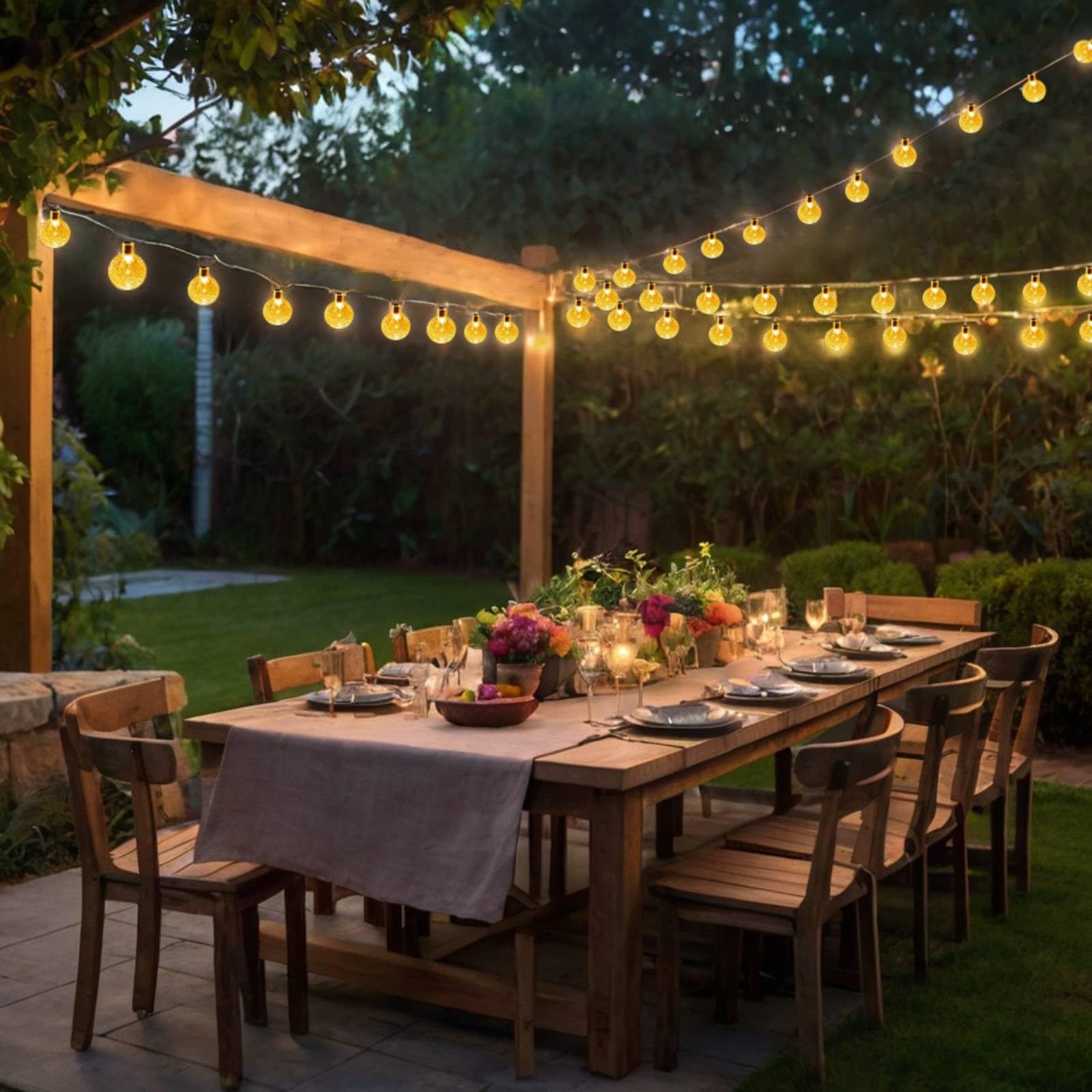Wominoy 50 Led Solar String Lights Outdoor, 30.67Ft Solar Powered Crystal Globe Lights Waterproof With 8 Modes, Solar Lights For Outside, Yard Patio Garden Camping Wedding Party Decor（Warm White）
