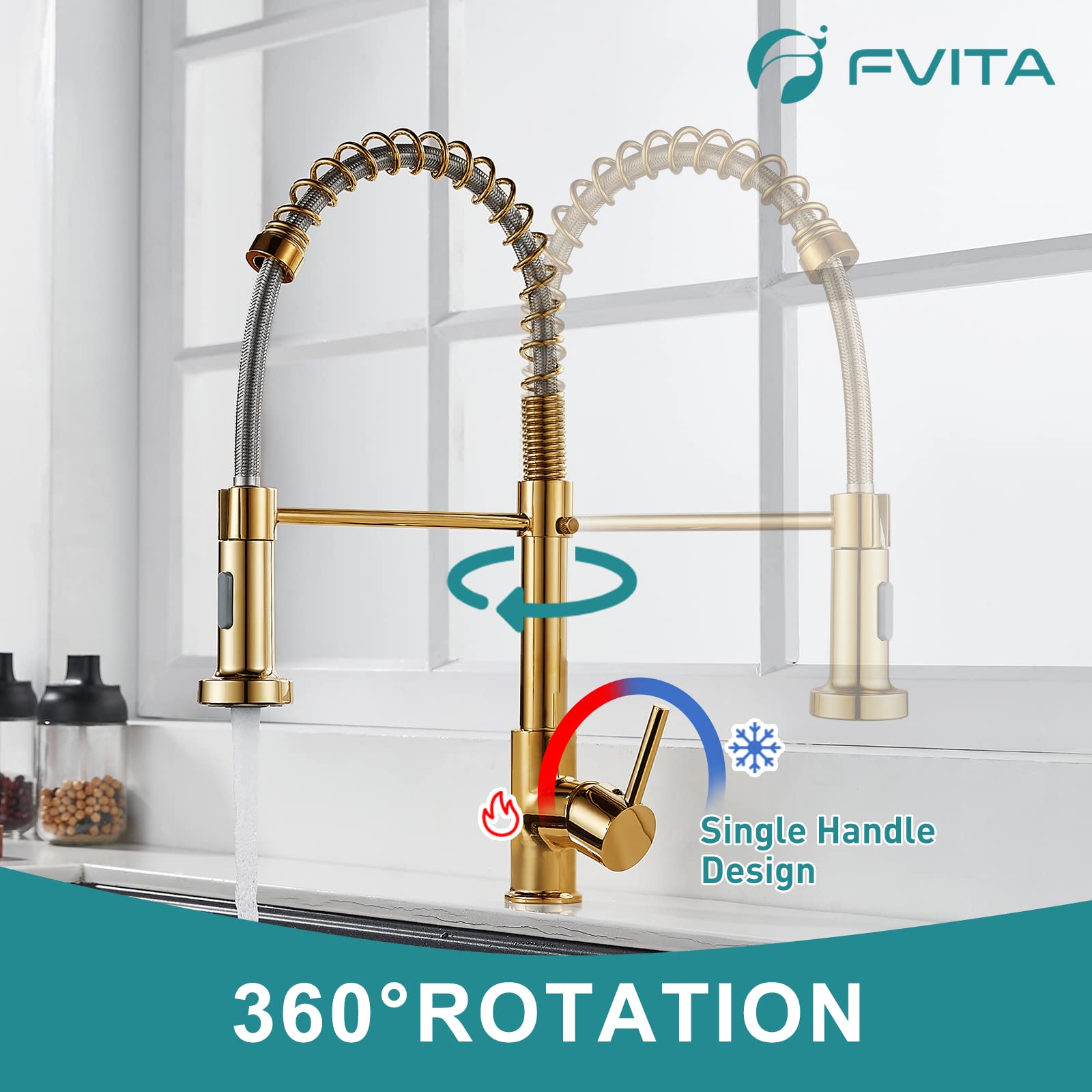 Fvita Kitchen Faucet With Pull Down Sprayer Polished Gold Kitchen Sink Faucet Single Handle Spring Single Hole Faucet For Kitchen Sink