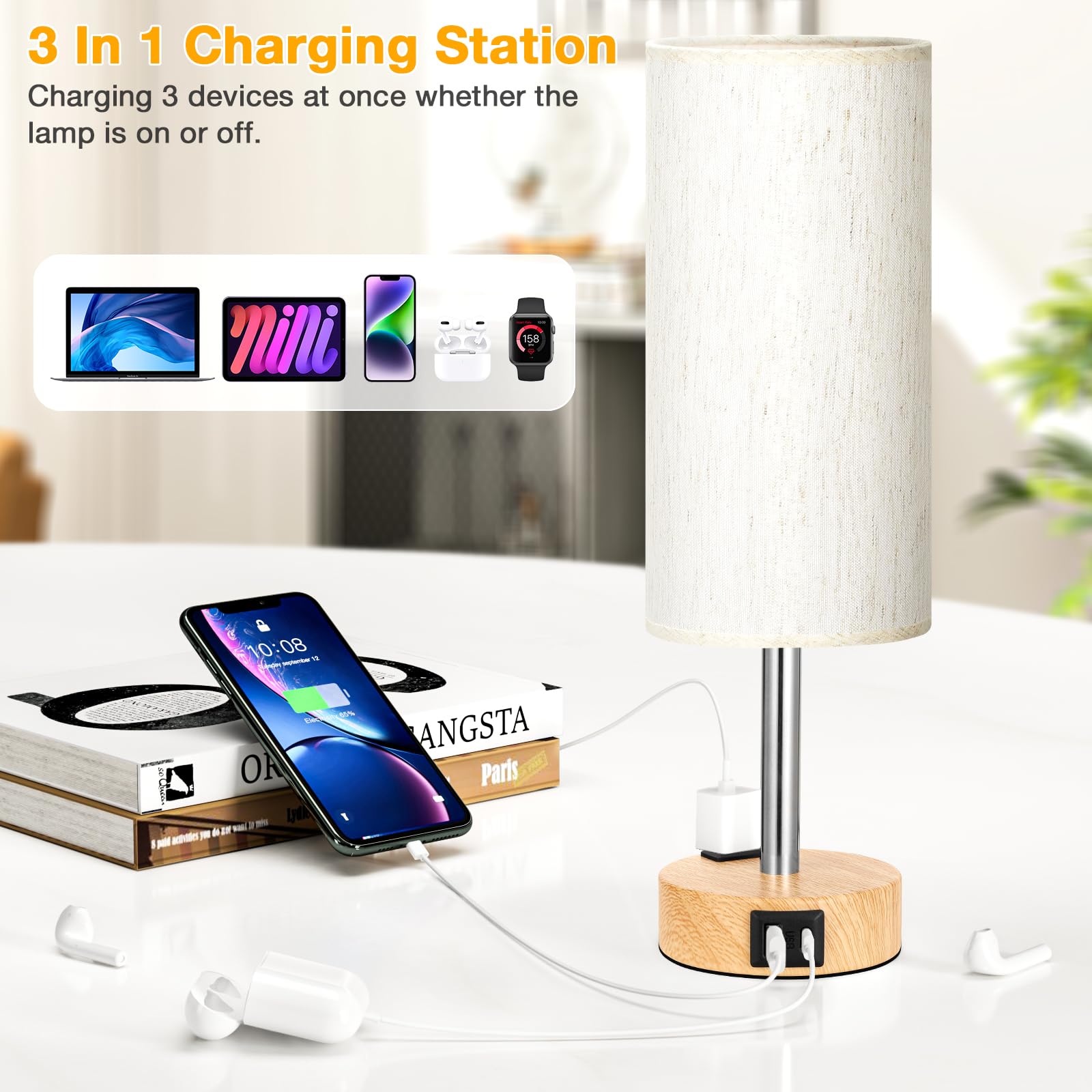 Partageiz Touch Bedside Table Lamps Set - 3 Way Dimmable Bedroom Lamps Set Of 2 With Usb C And A Ports, Small Lamps For Nightstand With Ac Outlet, Wood Base Round Flaxen Shade For Desk, Office, Dorm, Nursery
