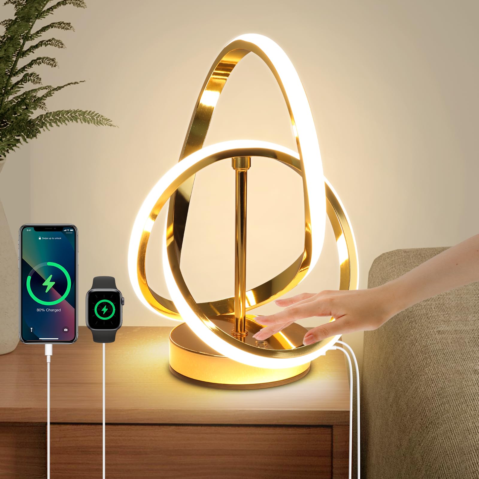 Eidisuny Modern Led Table Lamps, Led Spiral Table Lamp, 3 Color Dimmable Bedside Lamp, Touch Control Nightstand Lamp With Usb/Type C For Bedroom, Small Gold Table Lamp For Home Decor Living Room Bedroom Office