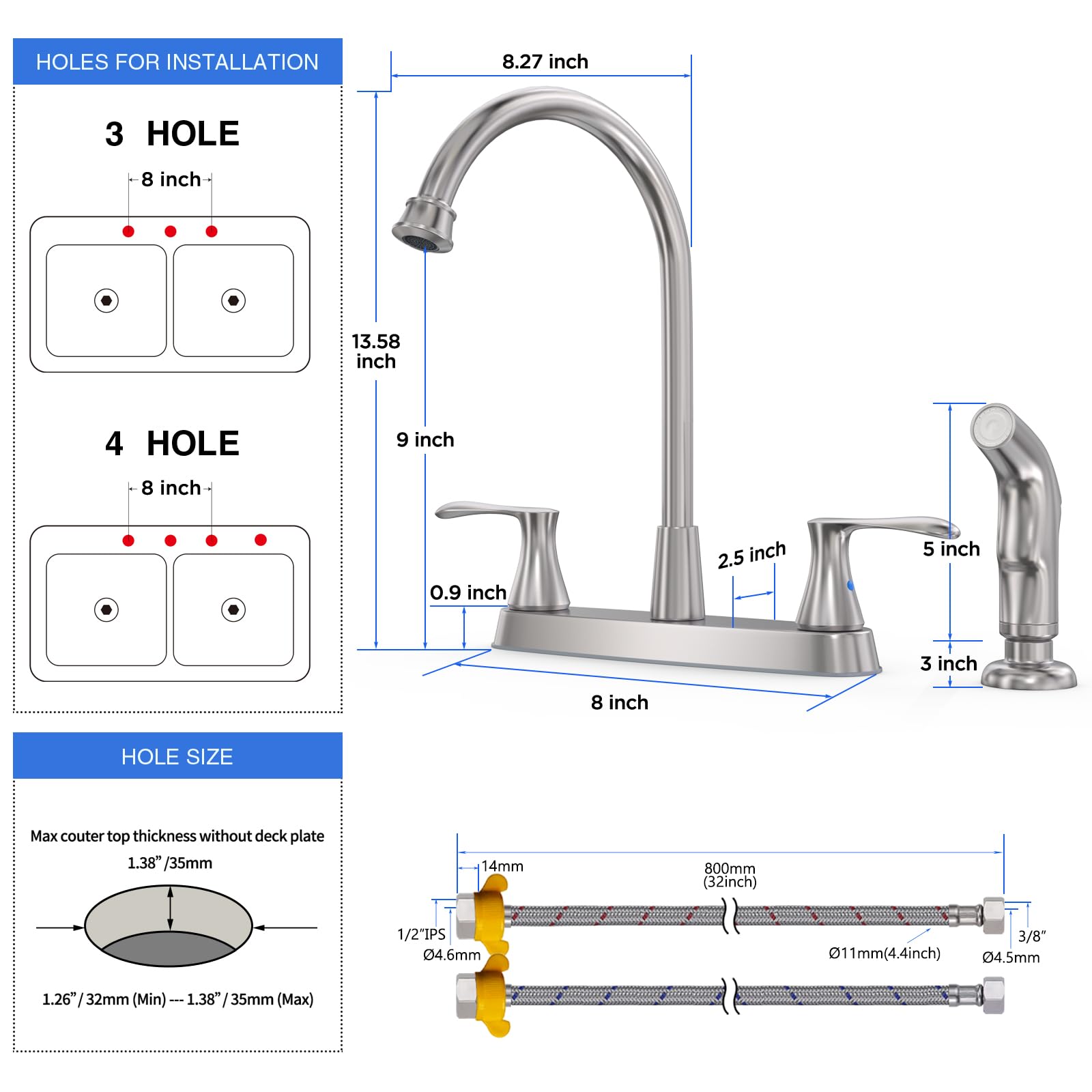 Gowin Brushed Nickel Kitchen Sink Faucet With Side Sprayer, Two Handle High Arc 4 Holes 8 Inch Centerset Stainless Steel Kitchen Sink Faucet With Pull Out Sprayer,Grifos De Cocina