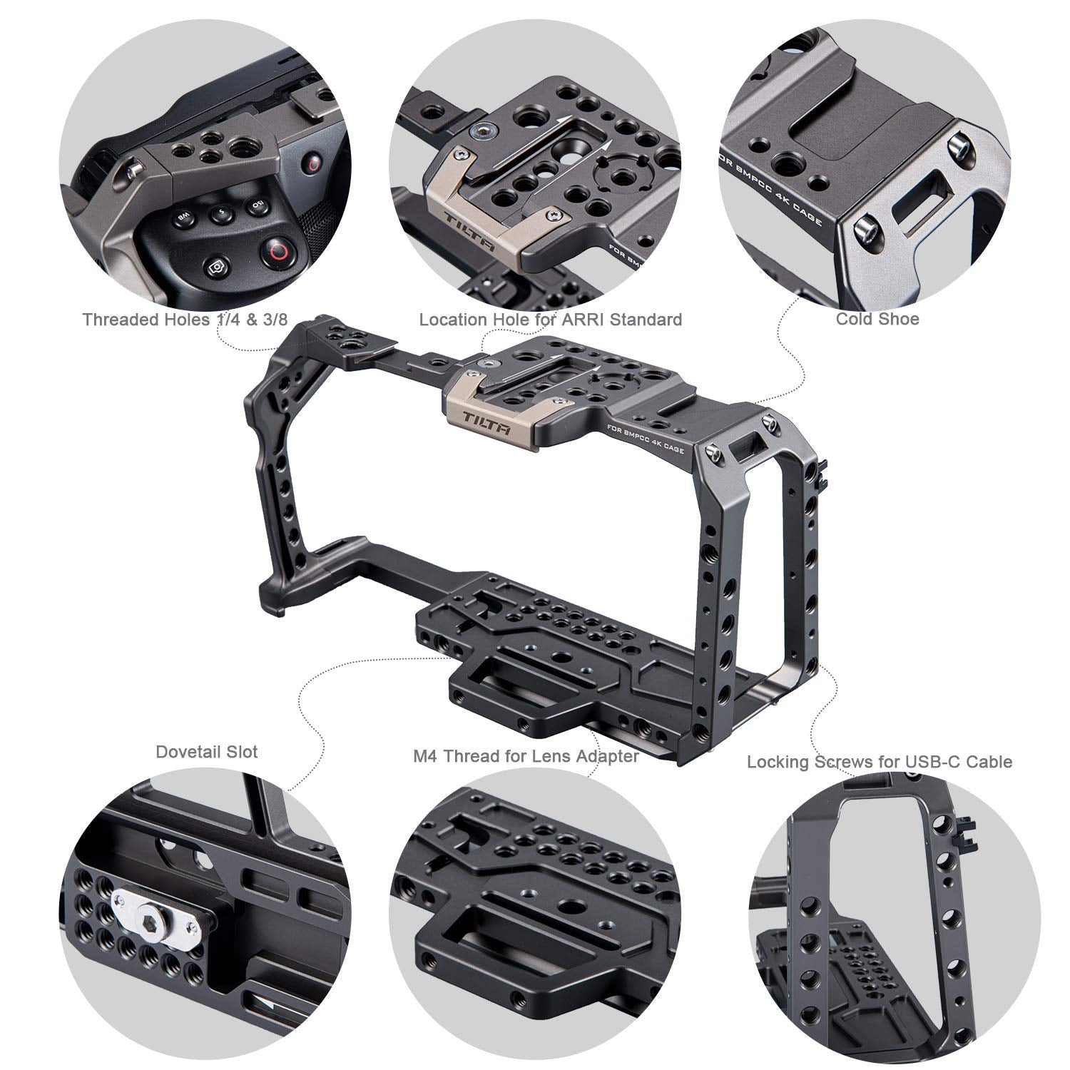 Tilta Full Camera Cage Compatible With Bmpcc 4K/6K (Gray) With Cold Shoe Mounting Points  Ta-T01-Fcc-G