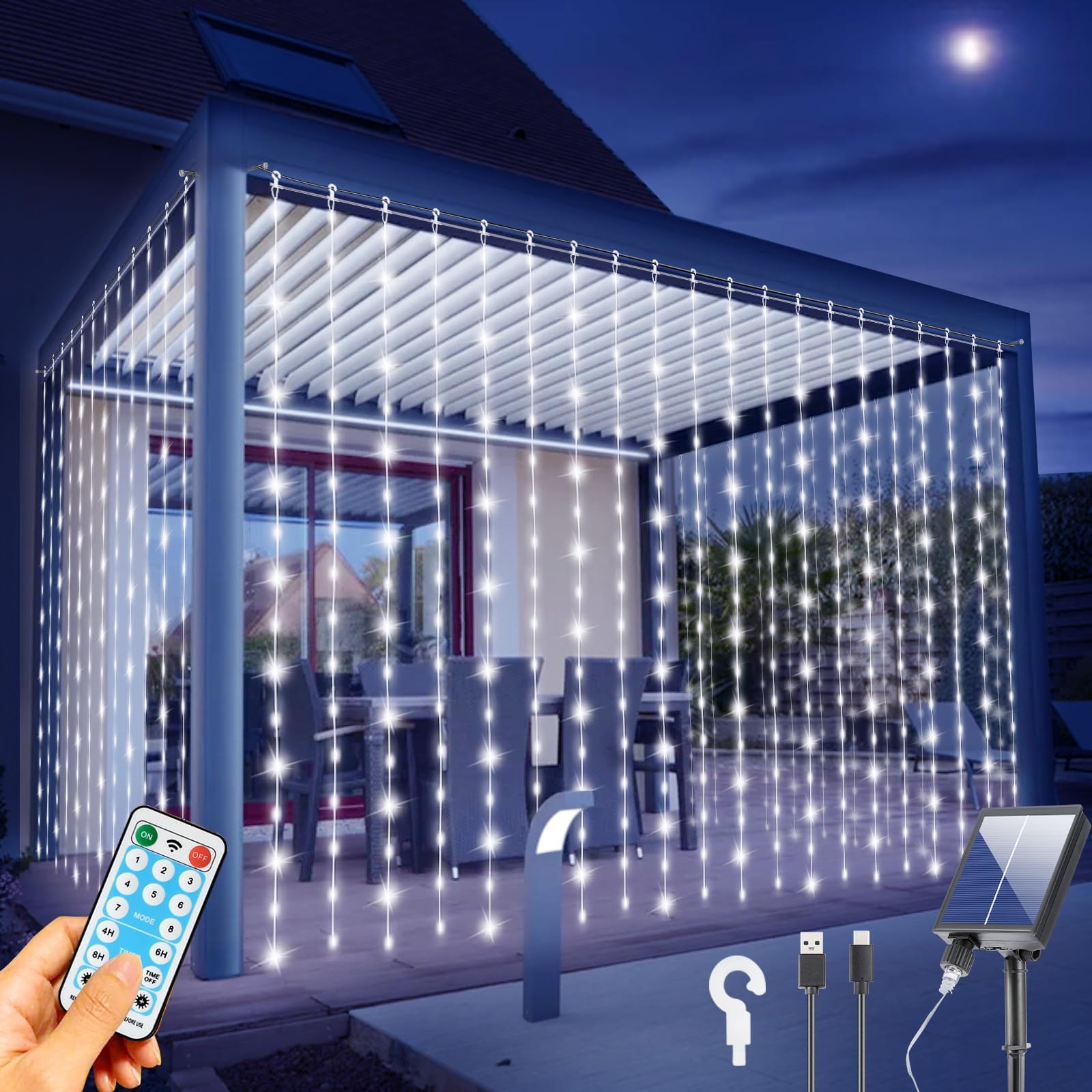 Mdedl Solar Curtain Lights 600 Led Outdoor Waterfall String Lights Waterproof 8 Modes Remote Type C Charging Hanging Twinkle Fairy Lights Dimmable For Christmas Gazebo Party Wedding Window