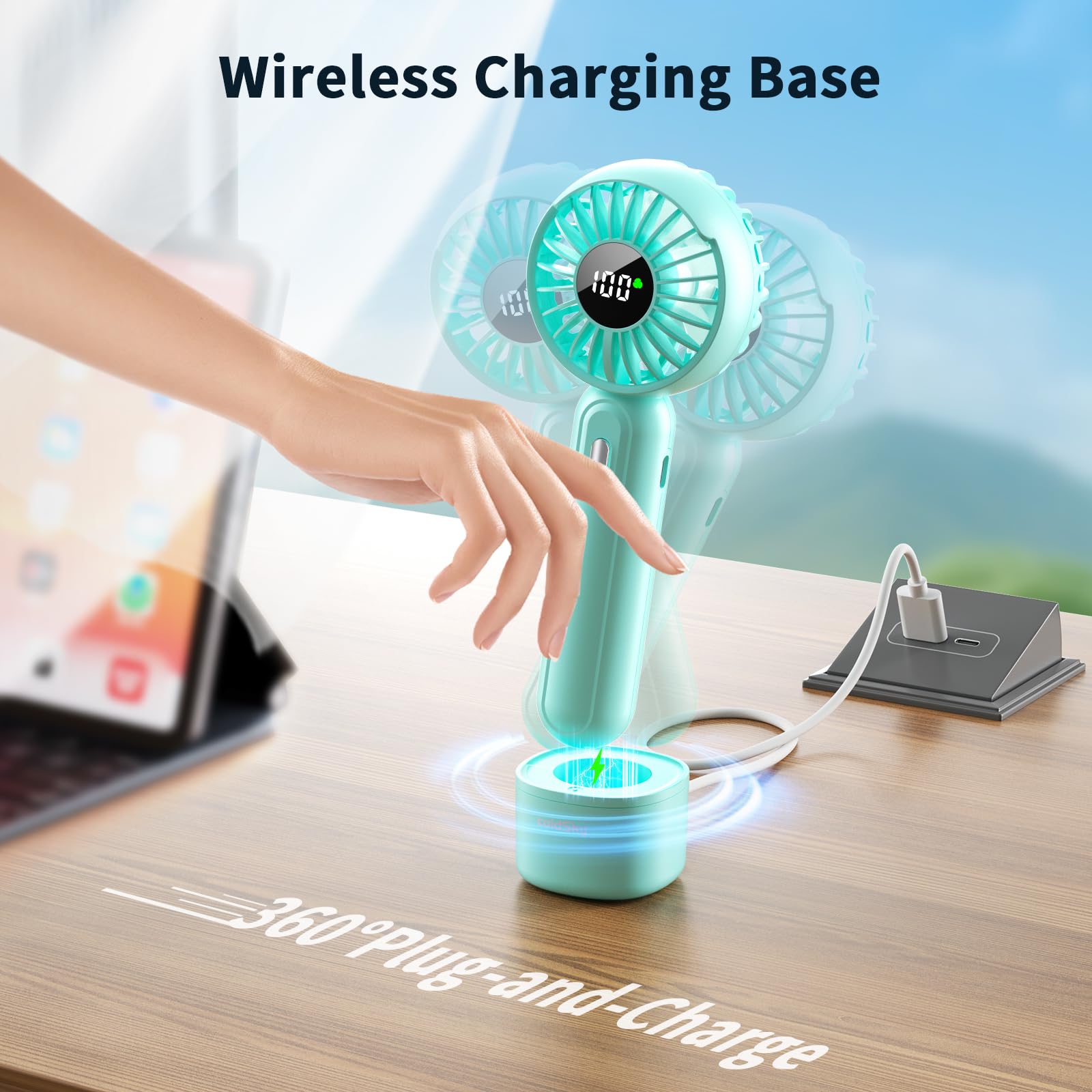 Handheld Fan With 𝗪𝗶𝗿𝗲𝗹𝗲𝘀𝘀 Charging Base, 3 Speeds Portable Fan With Digital Display