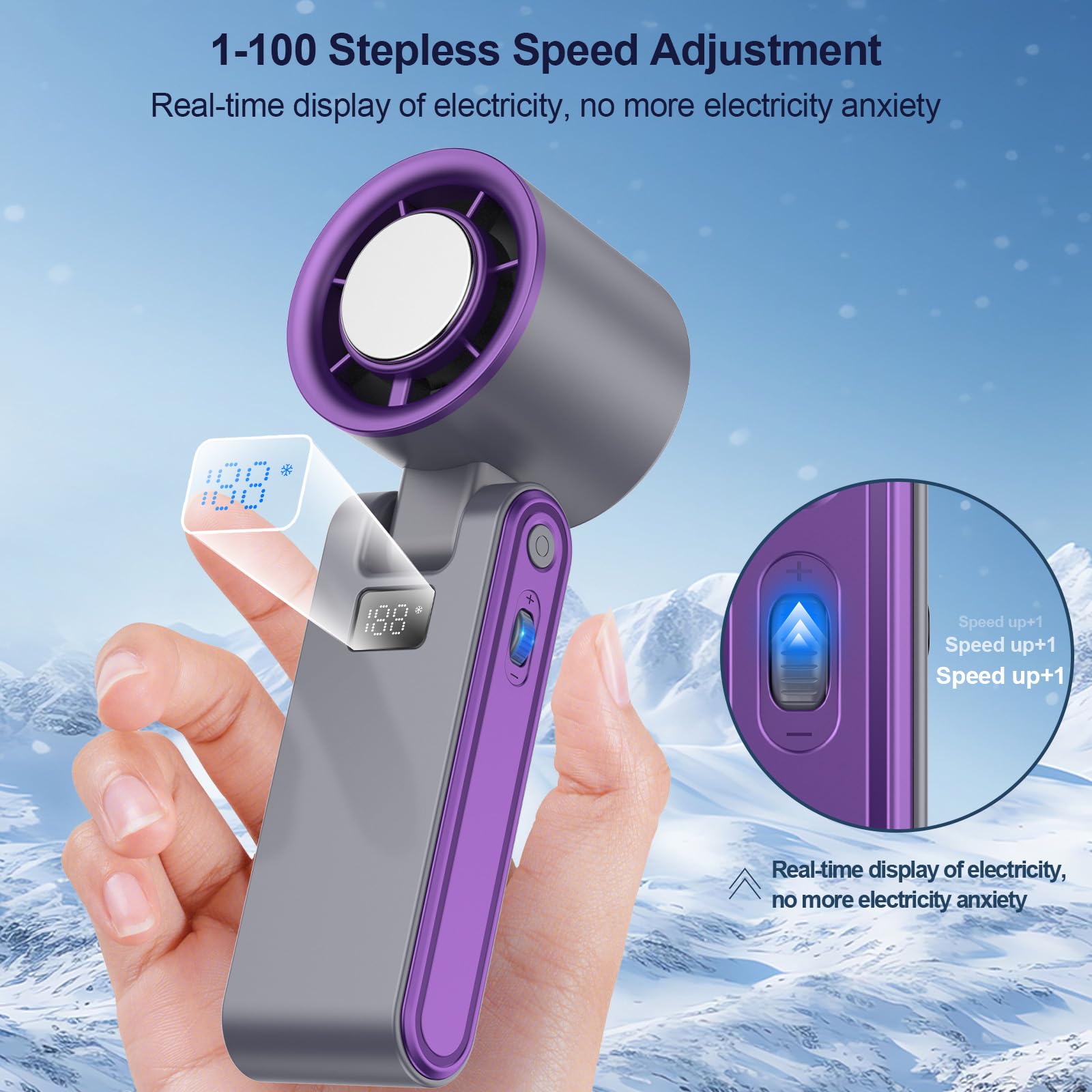 Portable Handheld Turbo Fan, Dual-Model 100 Gear Wind Foldable Personal Hand Fan Support Cold Air
