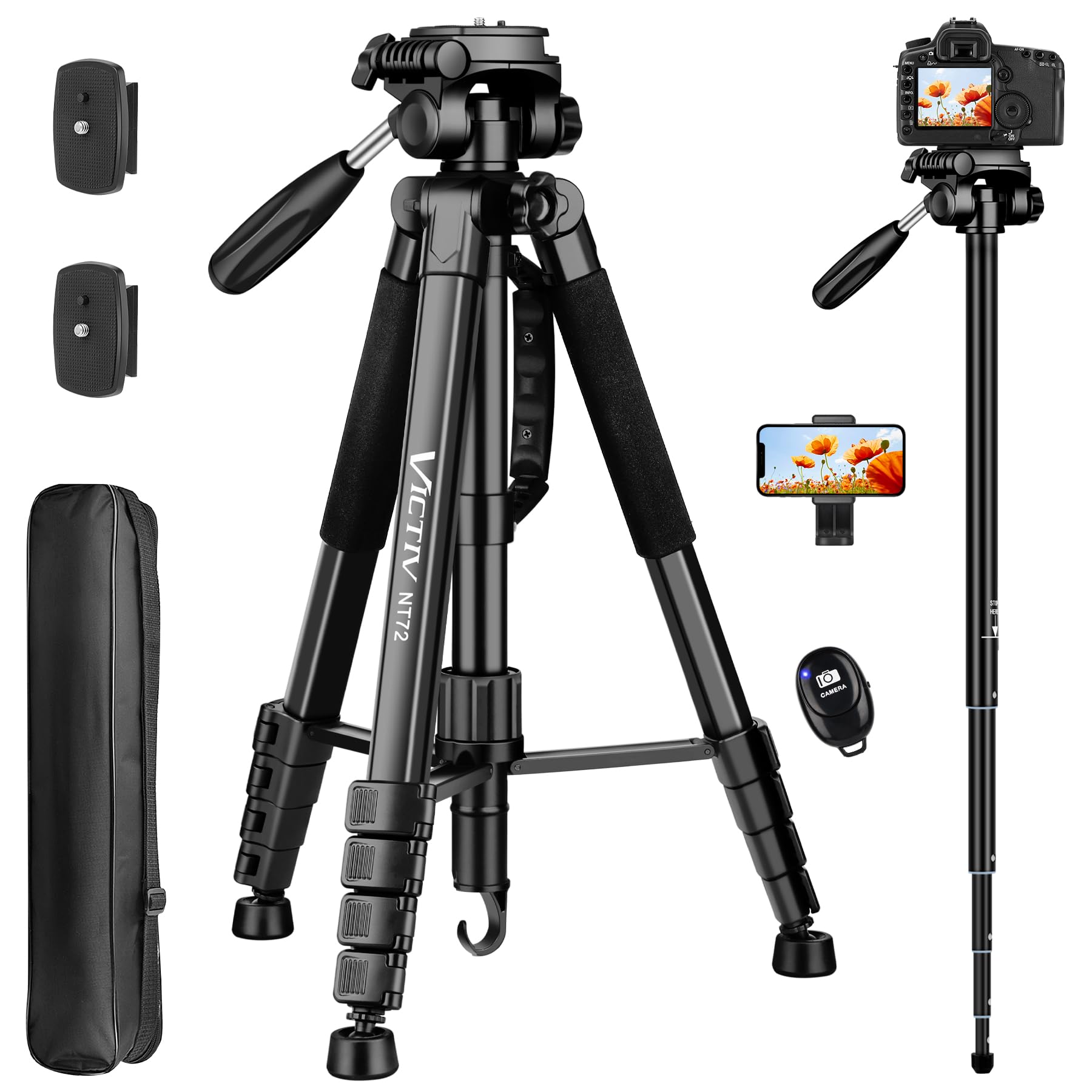 Victiv Tripod For Camera, 72" Tall Camera Tripod Monopod With Remote, Professional Heavy Duty Compact Camera Stand For Phone,Dslr, Spotting Scope, Telescope, Binocular