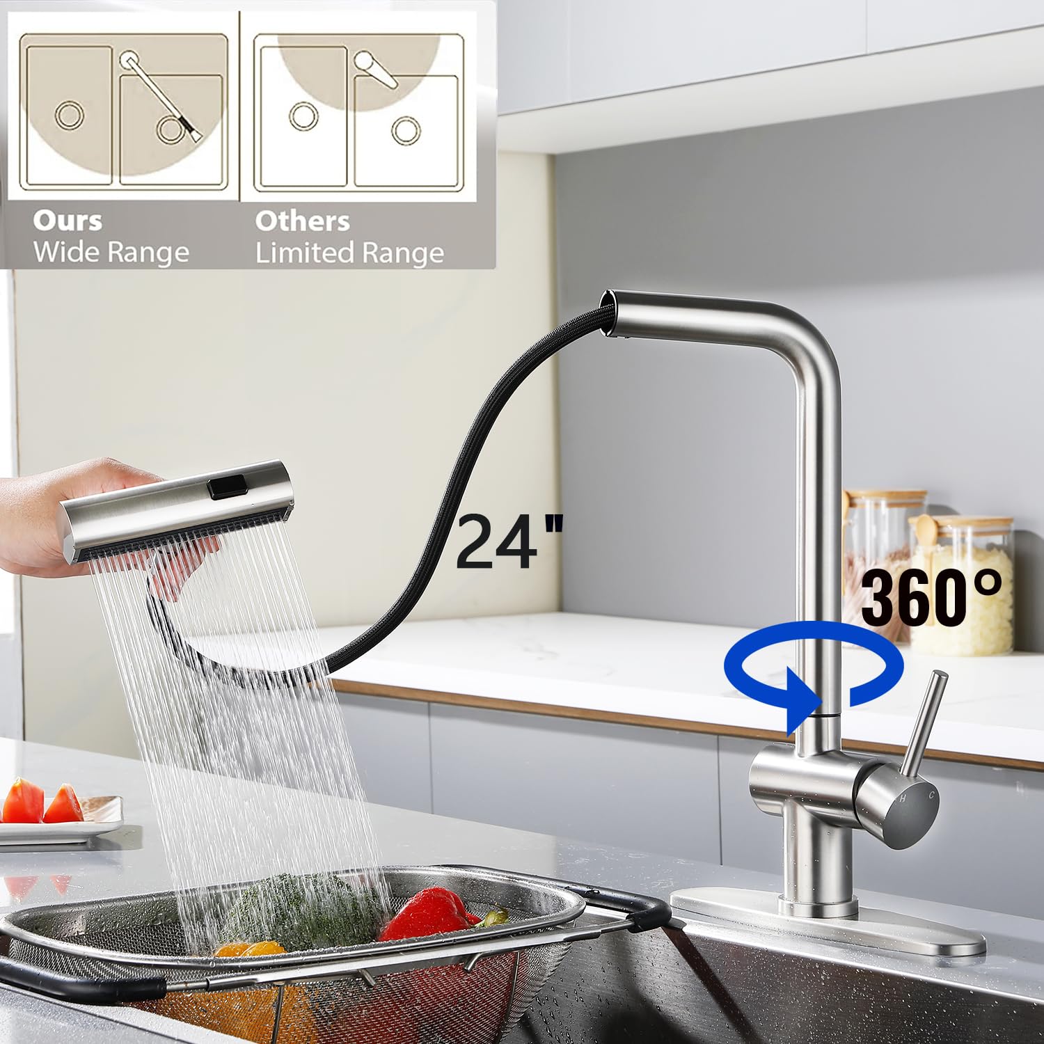 Vsunhoo Brushed Nickel Kitchen Faucets, Kitchen Faucet With Sprayer, Single Handle Pull Out Kitchen Sink Faucet With 3 Modes Sprayer, Commercial Farmhouse Rv Bar Utility Kitchen Faucets Kf034L