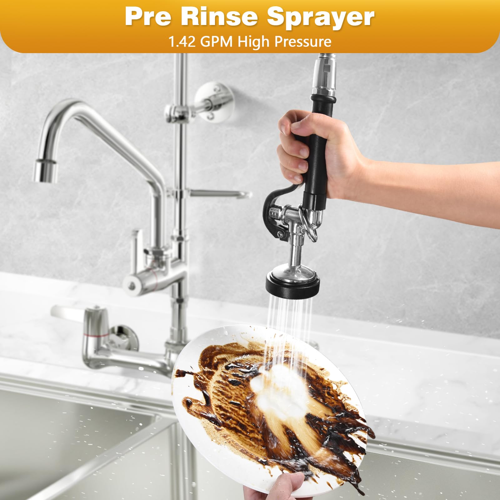 Bestjeef Commercial Sink Faucet With Sprayer For Restaurant-Chefs : Commercial Kitchen Faucet For Cook - 36" Height 8" Center Wall Mount Kitchen Faucet With Stainless Spring Spray And 12" Add-On Spout