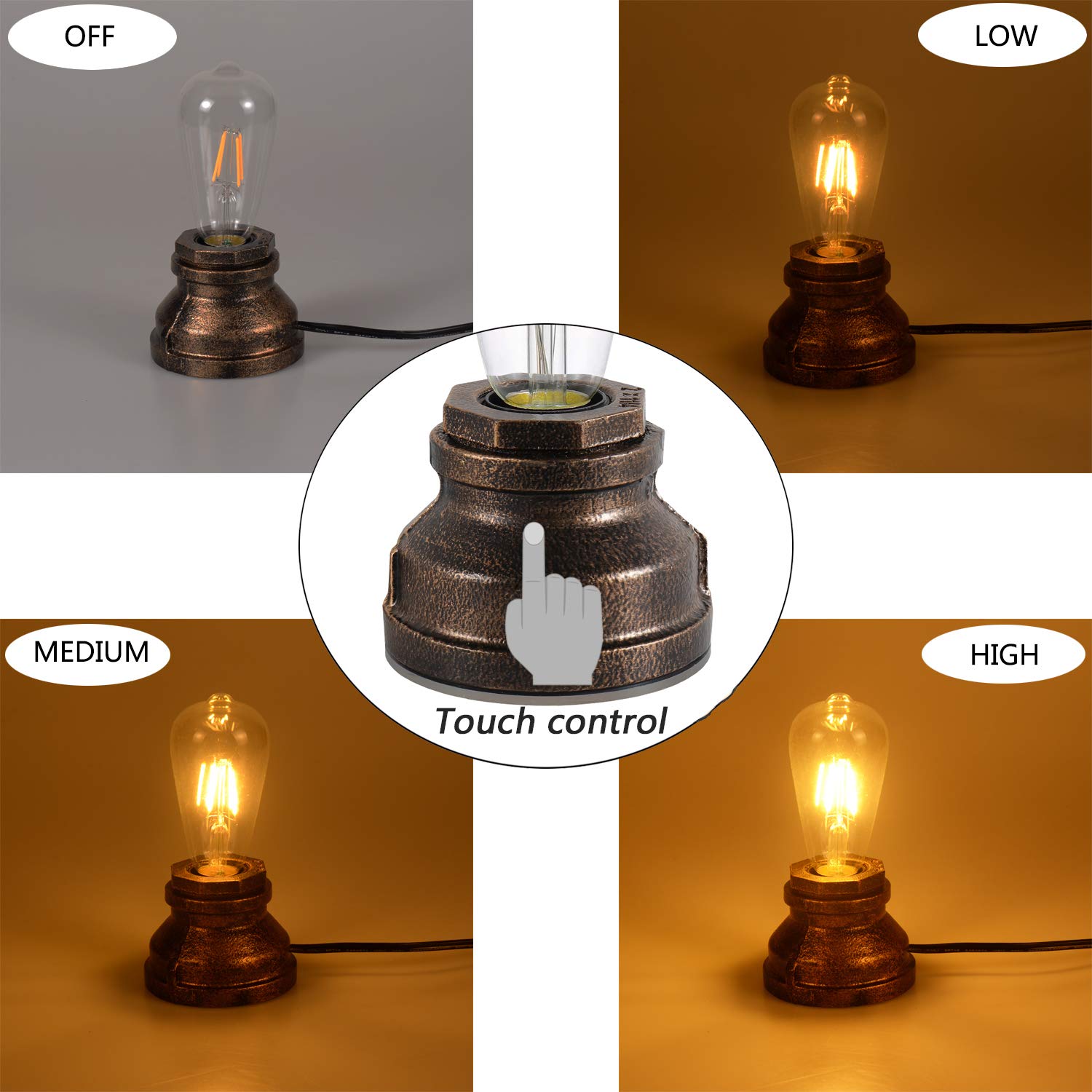 Lovefindahome Vintage Touch Control Table Lamp,Edison 4W Led Dimmable Bulb Included,With 3 Levels Of Brightness,Small Desk Industrial Night Light For Living Room Bedroom,Bronze