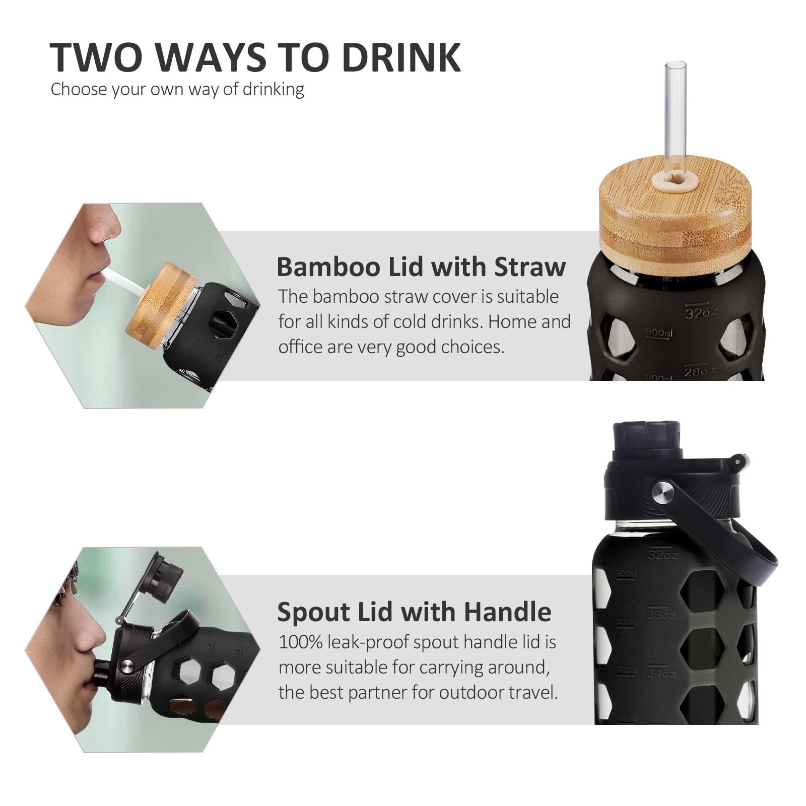 Mukoko 32Oz Glass Water Bottles With 2 Lids-Handle Spout Lid&Bamboo Straw Lid