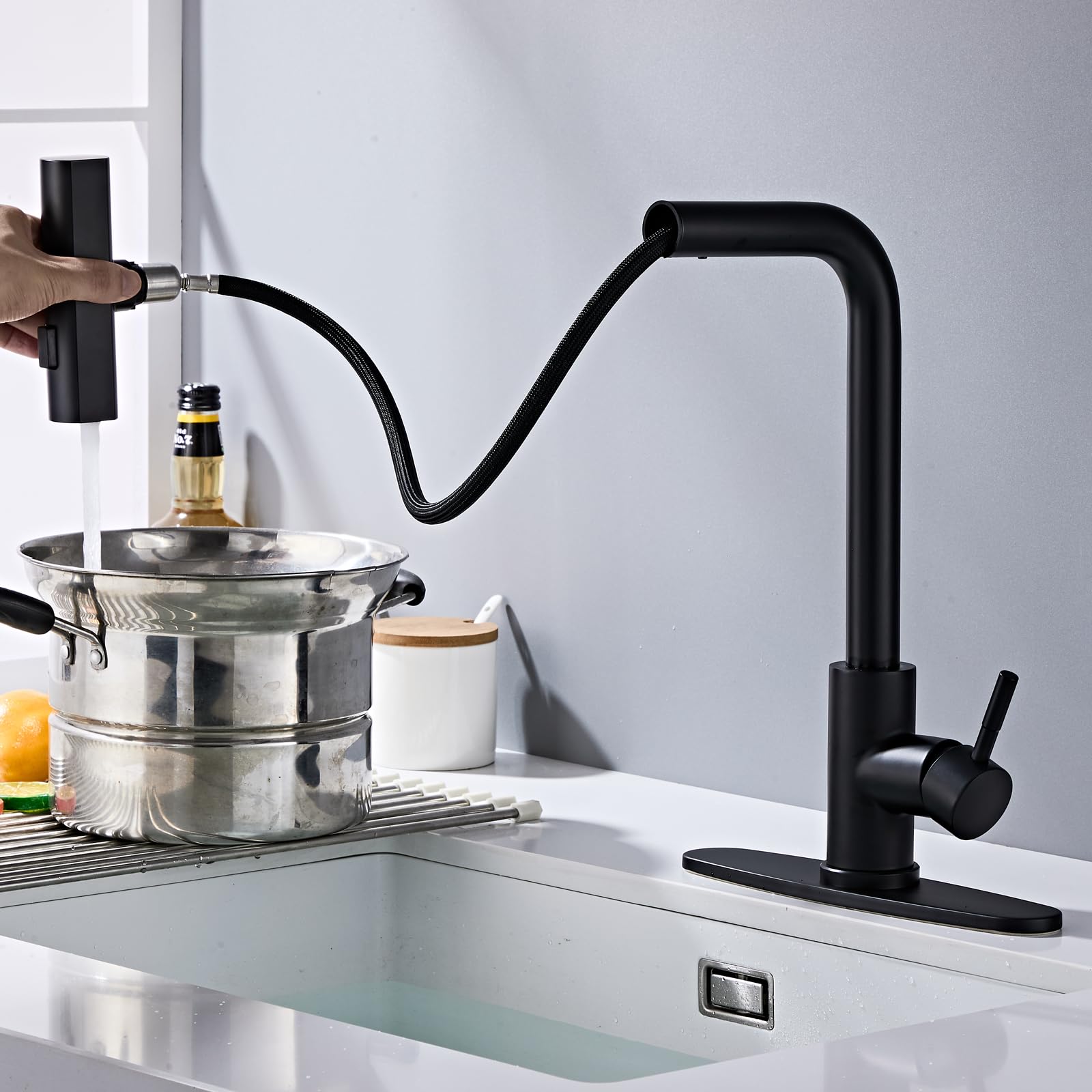 Louevido Multi-Mode Kitchen Faucet With Pull Down Sprayer, 3 Functions, Stainless Steel, Black