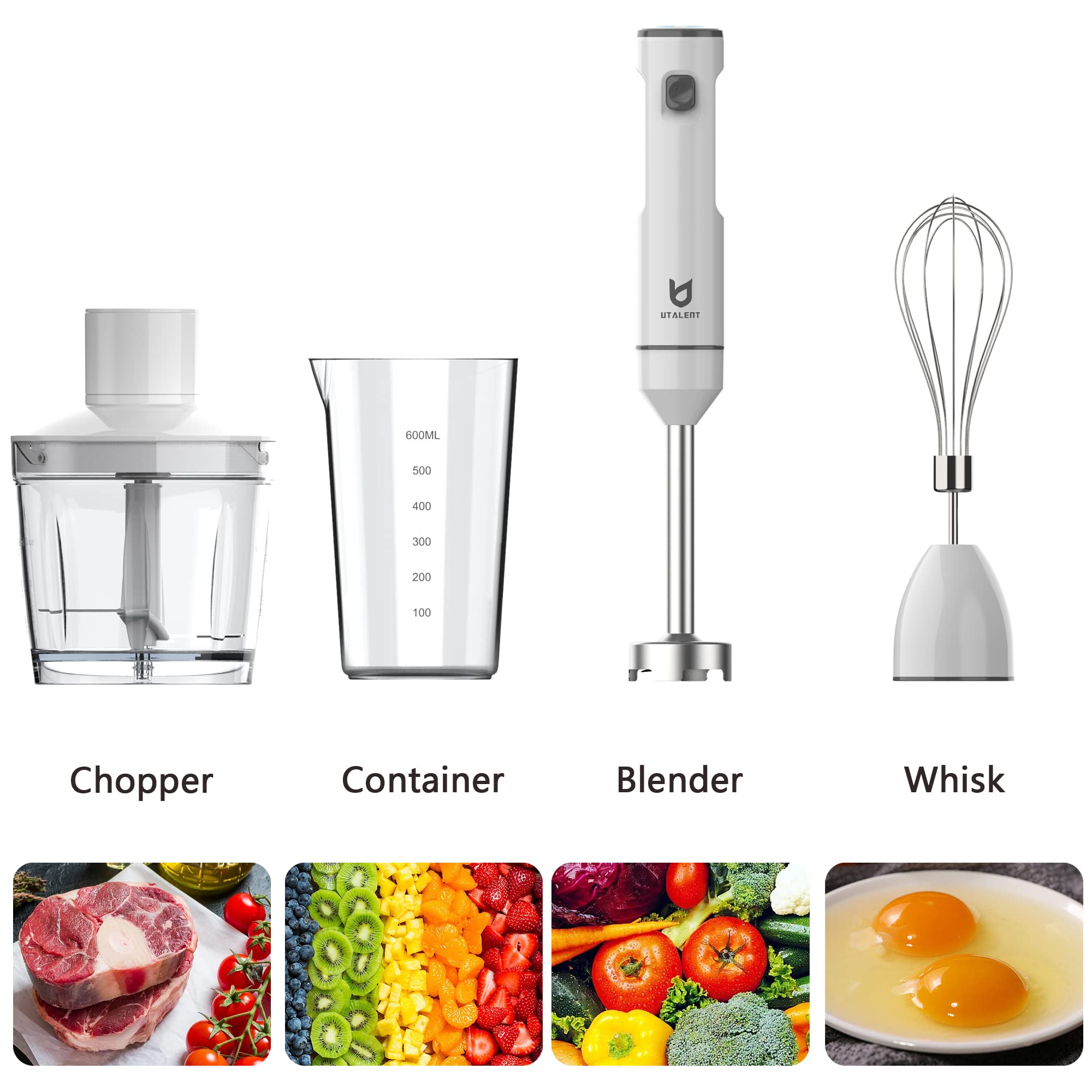 Utalent Cordless Hand Blender, Variable Speed Immersion Blender Rechargeable, With 500Ml Chopper, 600Ml Container, Egg Whisk, For Smoothies, Baby Food And Soups – White