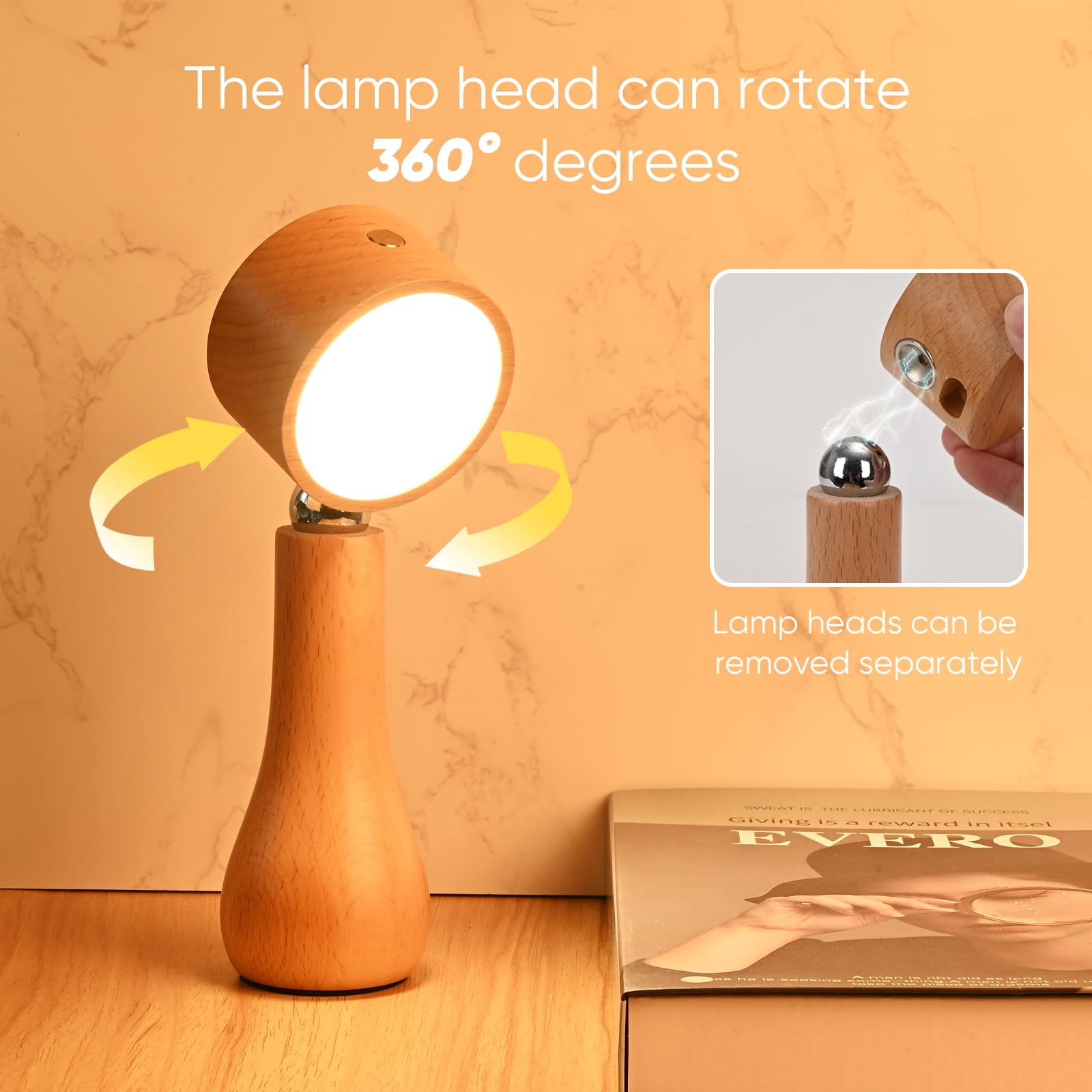 Moroommt Wooden Small Bedside Table Lamp, Portable Touch Switch Cordless Lamp, Rechargeable Battery Operated Desk Lamps For Bedrooms, Stepless Dimming, 360° Rotate Magnetic Ball, Night Light For Birthday