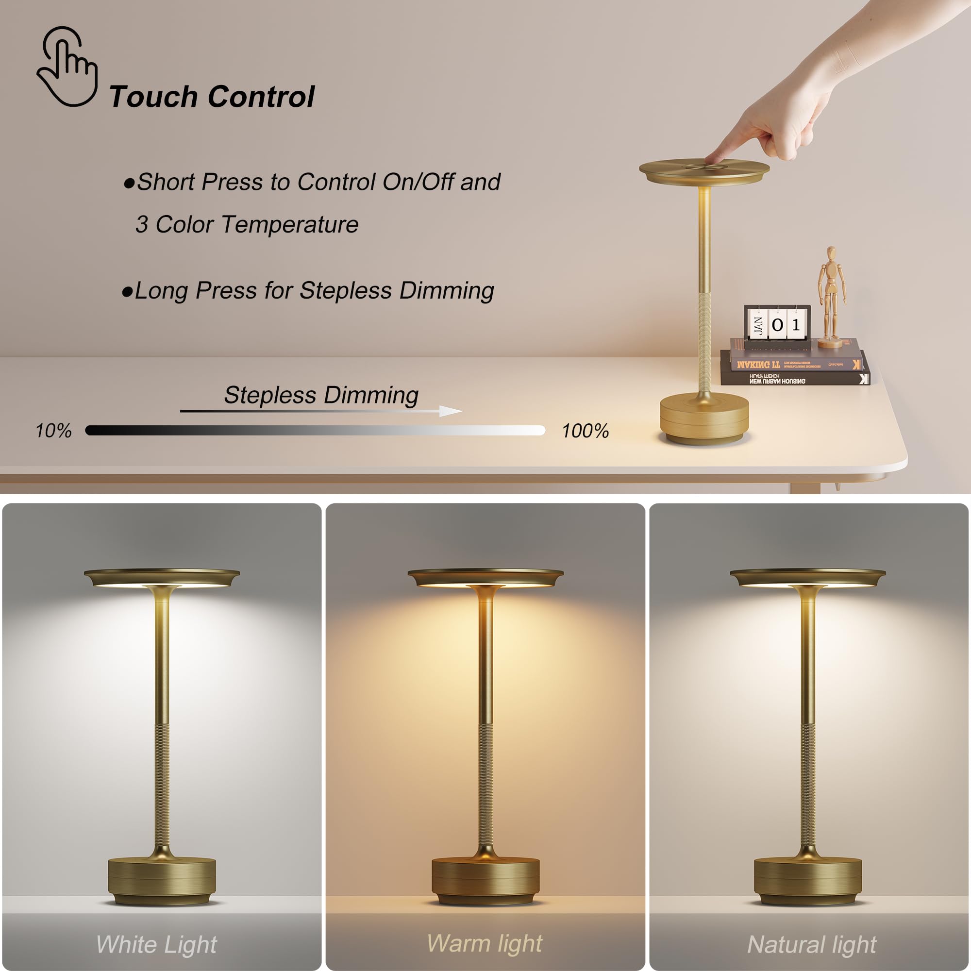 Tbbga 2 Pack Rechargeable Cordless Table Lamps, Portable 5000Mah Battery Table Light, 3 Color Stepless Dimming Led Table Light With Memory Function, For Outdoor/Dinner/Patio/Restaurant.(Gold)