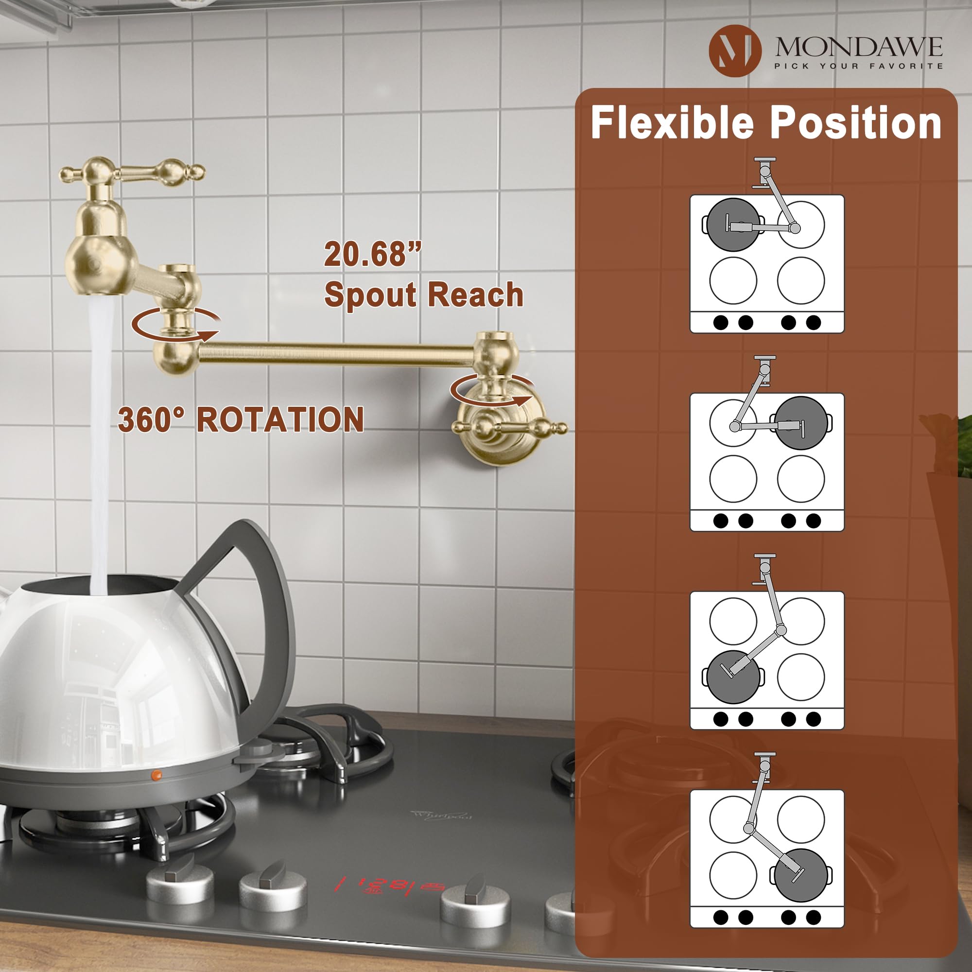 Mondawe Brushed Gold Pot Filler Faucet, Brass Wall Mount Stove Faucet, Double Handle Folding Pasta Faucet Over Stove, Kitchen Pot Faucet With Double Joint Swing Arms, 1.8 Gpm, 360°Rotation