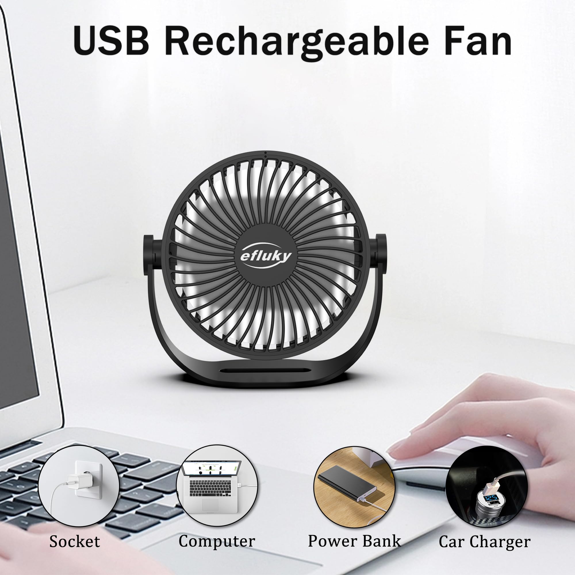 Efluky Usb Small Desk Fan, 3 Speeds Usb Rechargeable Fan Built-In Battery, 360° Adjustment Portable
