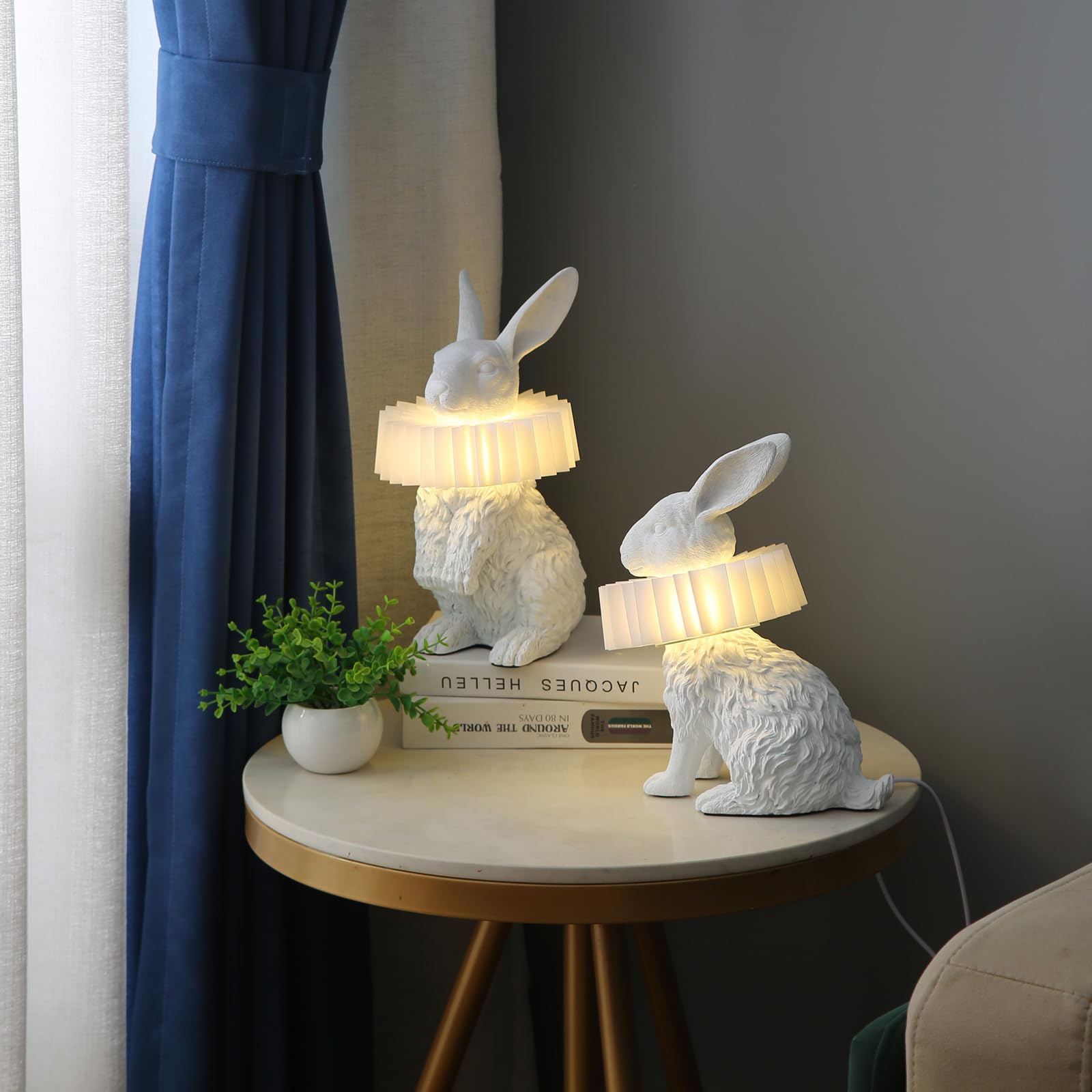 Lazhug White Scarf Rabbit Table Lamp,Resin Crafted Bunny Lamp Featuring White Pleated Pc Lampshade,Usb Plug,Low Voltage Energy-Efficient Nightstand Lamp