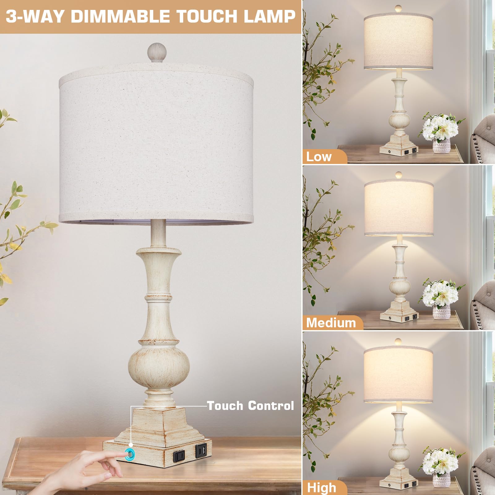 Lolikit 26" Farmhouse Table Lamp, Vintage Rustic Touch Control Bedside Lamp With 2 Usb Ports & Ac Outlet, Boho Resin 3-Way Dimmable Nightstand Lamp Linen Fabric Shade For Living Room Bedroom End Table White