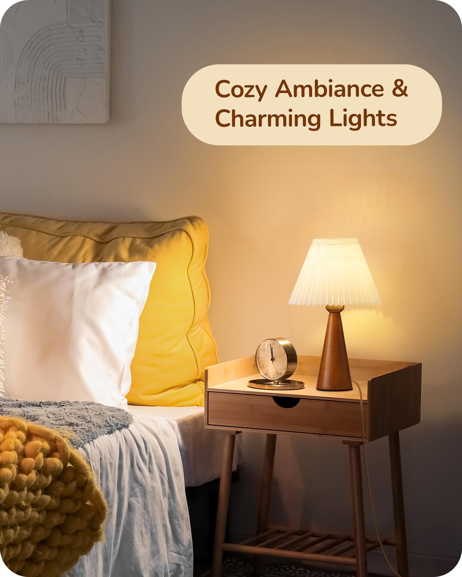 Edishine 13.58" Small Table Lamp, Wooden Base Nightstand Lamp, White Pleated Lampshade, Space-Saving Modern Bedside Lamp For Nursery Kids Room Bedroom Living Room, E26, On-Off Button, Dark Rosewood