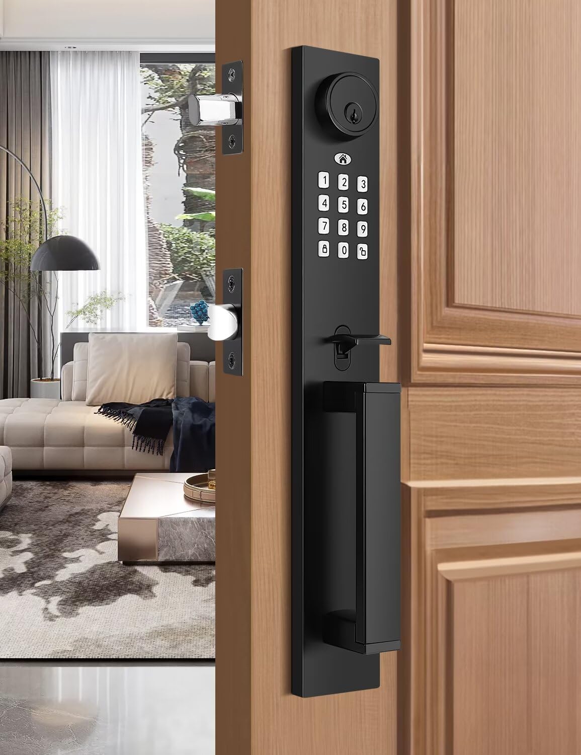 Tia Keyless Entry Door Lock With Lever, Full Escutcheon Smart Door Handle, Digital Keypad Deadbolt With App, Front Door Handleset With Single Cylinder Deadbolt And Lever, Auto Locking, Black Finish