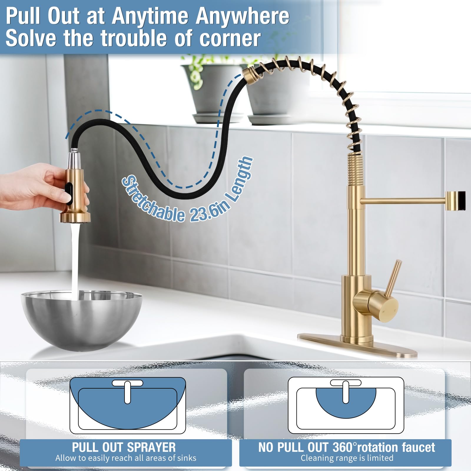 Djs Kitchen Faucets With Pull Down Sprayer Brushed Gold -Single Handle 1 Or 3 Holes Spring Kitchen Sink Faucet With Deck Plate For Farmhouse Rv Vessel Basin