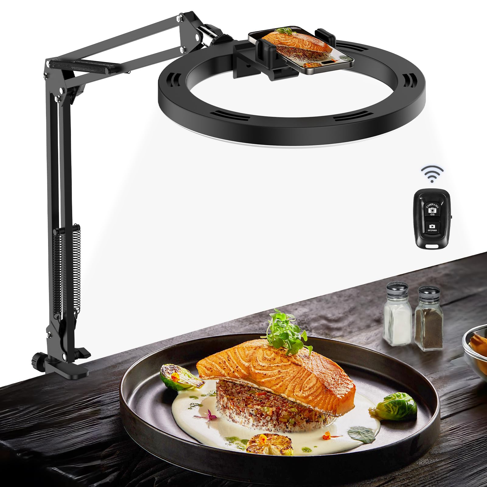 Luxsure Overhead Camera Mount With Ring Light Phone Holder,10" Led Ring Light For Desk With Stand And Remote For Iphone,Phone Tripod With Light For Video Recording Tiktok Live Stream Cooking Kitchen Vlogging