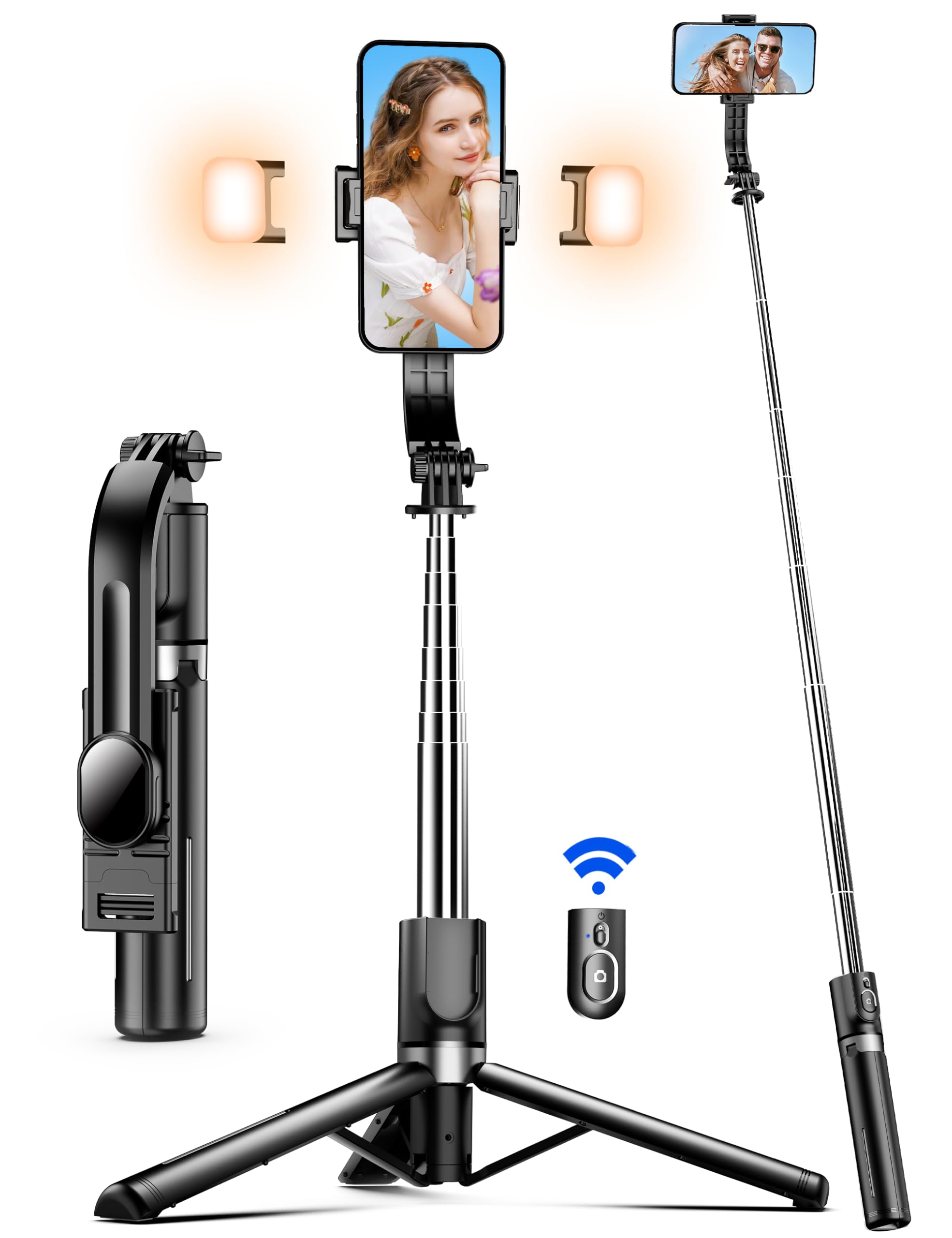 Selfieshow 45" Selfie Stick Tripod With 2 Lights, Extendable 5 In 1 Selfie Stick Phone Tripod, Portable Selfie Sticks With Wireless Remote Compatible With Iphone 15/14/13 Pro Max, Samsung, Android, Gopro