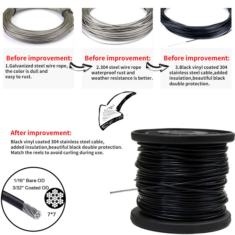 Yql Outdoor String Lights Hanging Kit,Globe String Lights Suspension Kit,164Ft Black Vinyl-Coated 304 Stainless Steel Cable,String Light Guide Wire,Hook & Eye Turnbuckle Wire Rope Tension