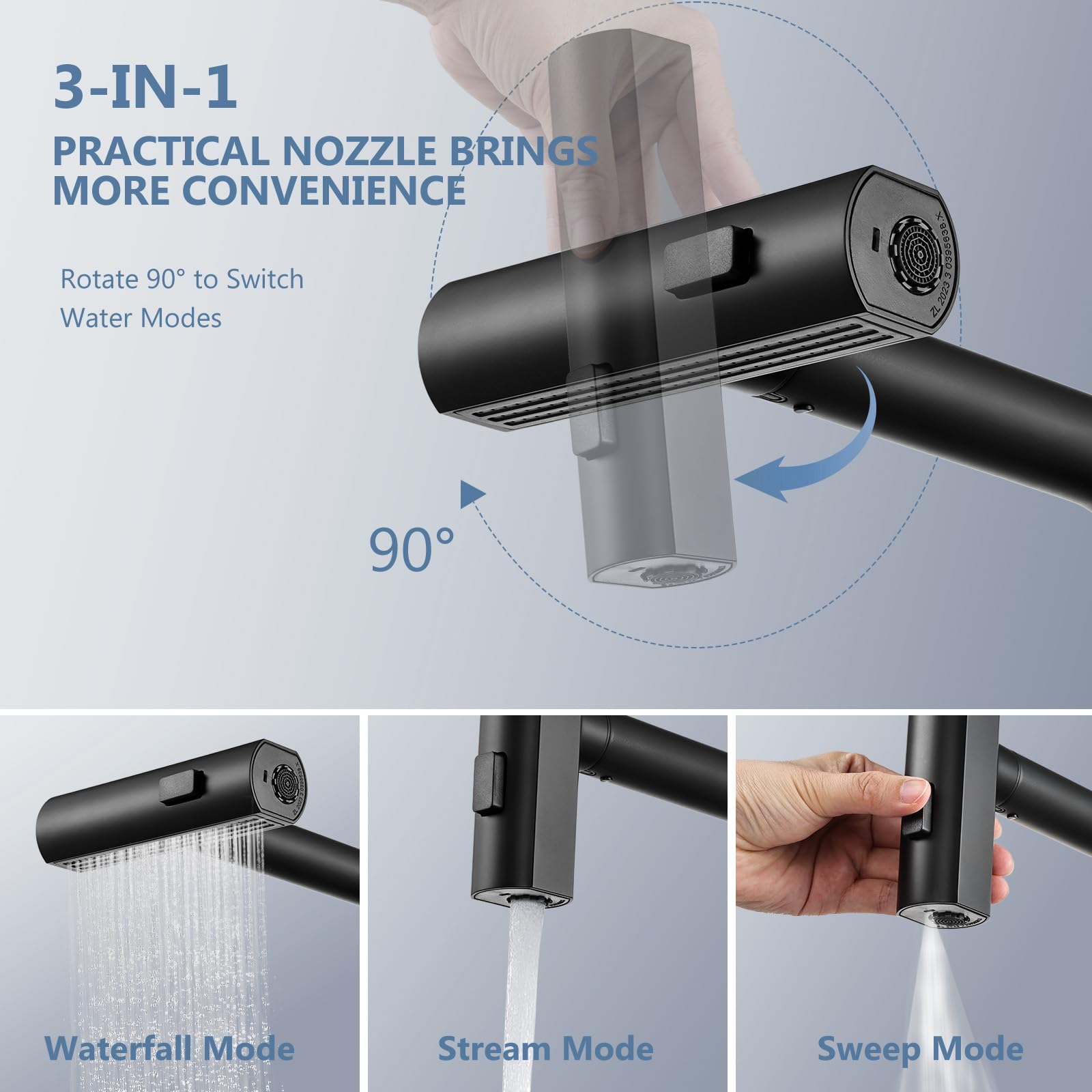 Peppermint Black Kitchen Faucet With Pull Down Sprayer Waterfall Kitchen Sink Faucet Stainless Steel Rv Matte Black Kitchen Faucets Single Handle Faucets For Kitchen Sink 1 Or 3 Hole 360° Rotatable