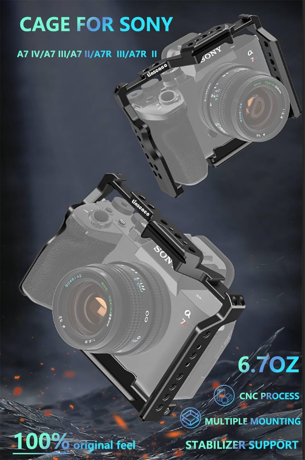 Linscaco Camera Cage For Sony Alpha 7 Iv/A7 Iii/A7 Ii/A7R Iii/A7R Ii, Video Stabilizer, Cold Shoe Mount, Multiple 1/4"-20 & 3/8"-16 Threaded Holes
