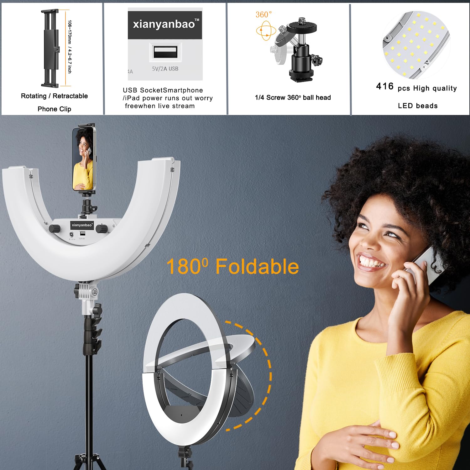 Xianyanbao 18 Inch Ring Light Kit, 55W6700K Dimmable Led Light, Tripod Stand, Remote Controller,Box,Cri95,Black