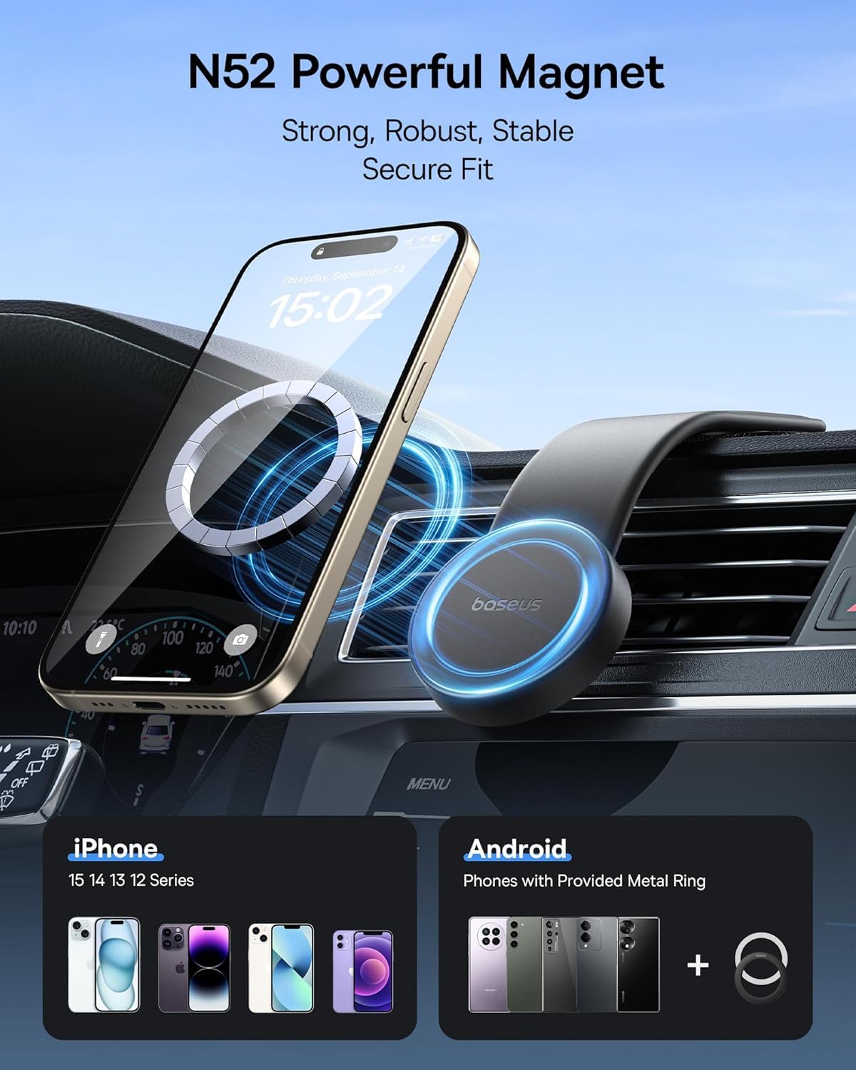 Baseus For Magsafe Car Mount, 25N Magnetic Phone Holder For Car, Cell Phone Car Mount Compatible With Iphone 16 15 14 13 Pro Plus Max Mini, Bendable Memory Titanium Alloy For All Dashboard