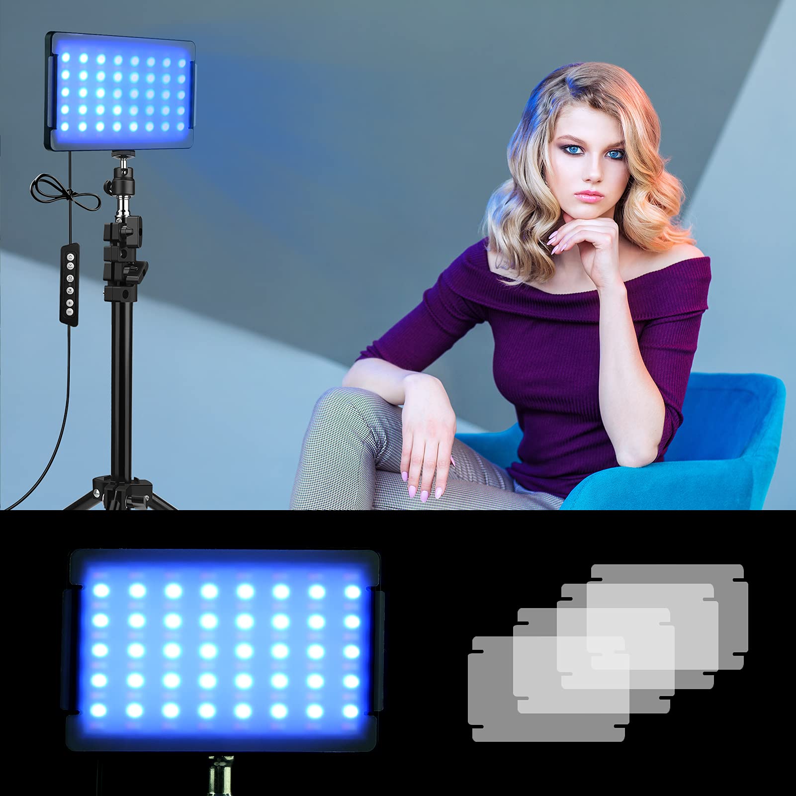Qeuooiy 2 Packs Rgb Led Video Light With Adjustable Tripod Stand/White Filters, Dimmable 2500-6500K Usb Video Conference Lighting Kit For Youtube Photography/Game Zoom Live, Streaming,Tiktok, 1.6M