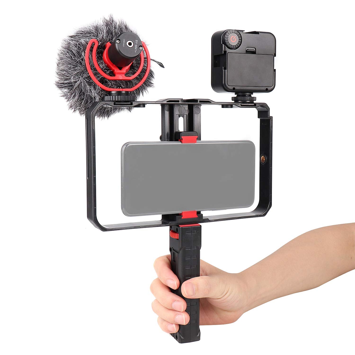 Focusfoto Smartphone Video Rig Camera Cage Mount Holder Stabilizer (Removable Handle Grip Version) With By-Mm1 Microphone Mic + 49 Led Light Kit For Mobile Phone Iphone Filmmaking Videomaker