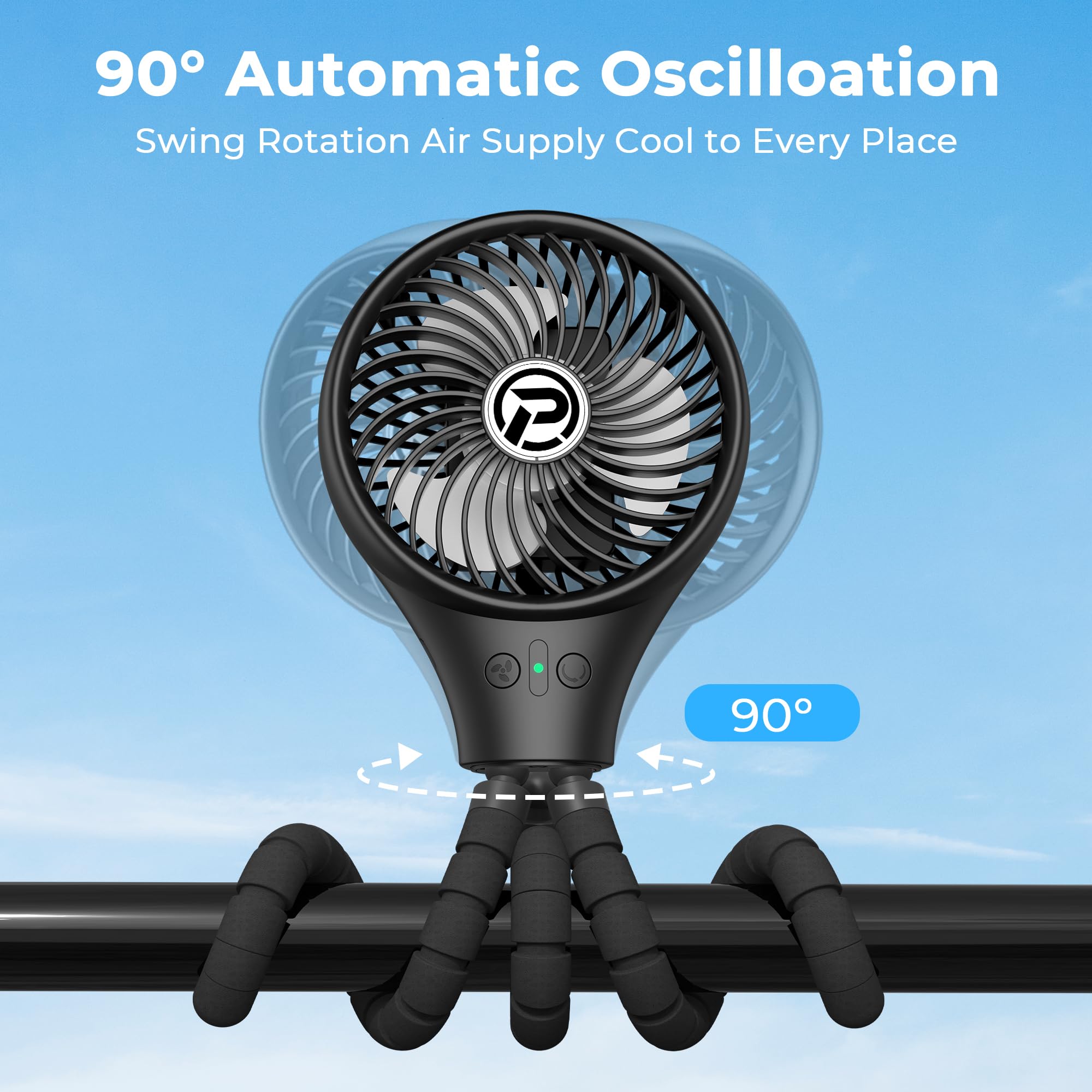 Panergy Baby Stroller Fan, Oscillating Mini Portable Fan, 3 Speeds Battery Operated Flexible Tripod