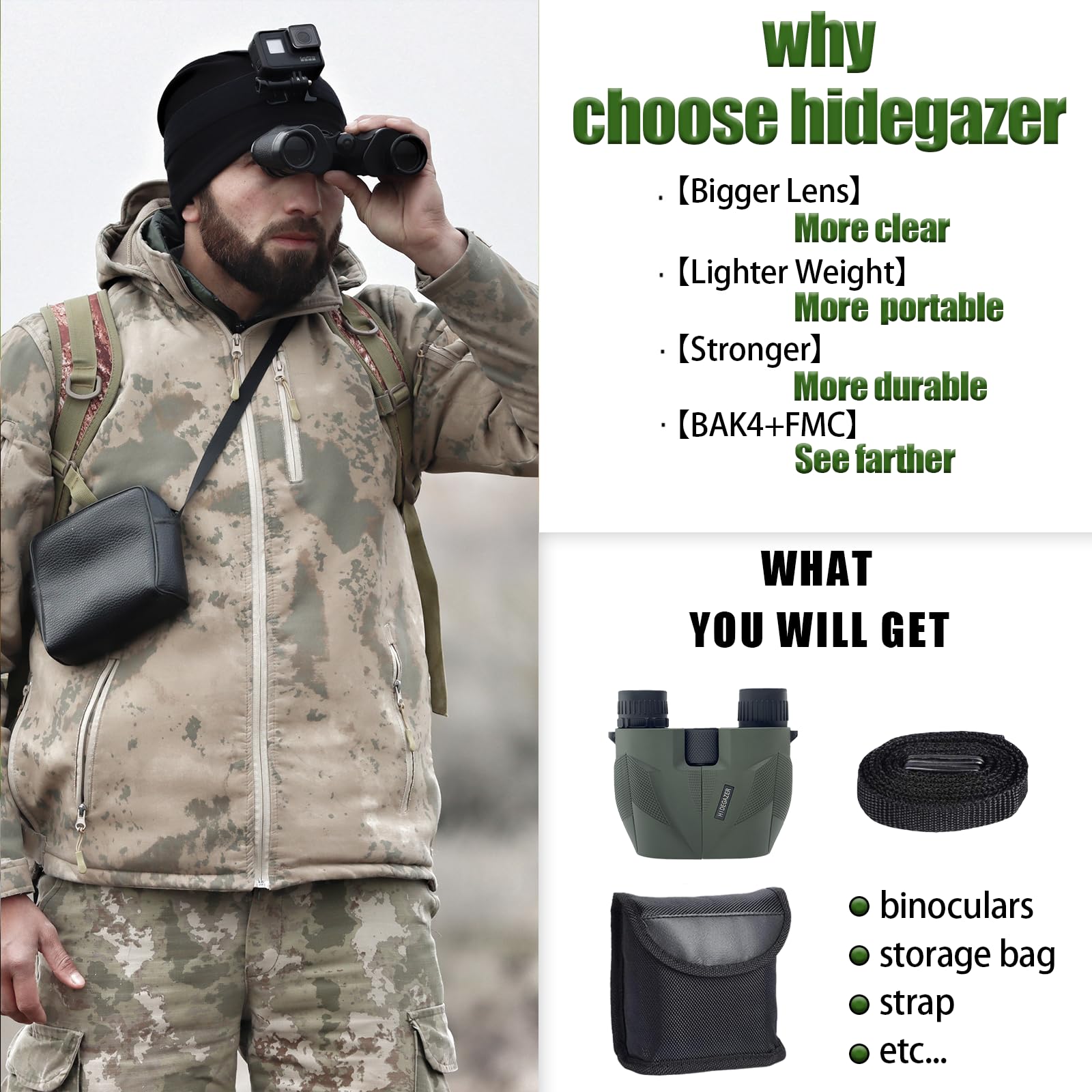 Hidegazer High Powered Binoculars For Adults And Kids，10X25 Compact Binoculars For Bird Watching - Easy Focus Binoculars With Large Eyepiece For Hunting,Travel,Hiking And Sport Games (Olive)