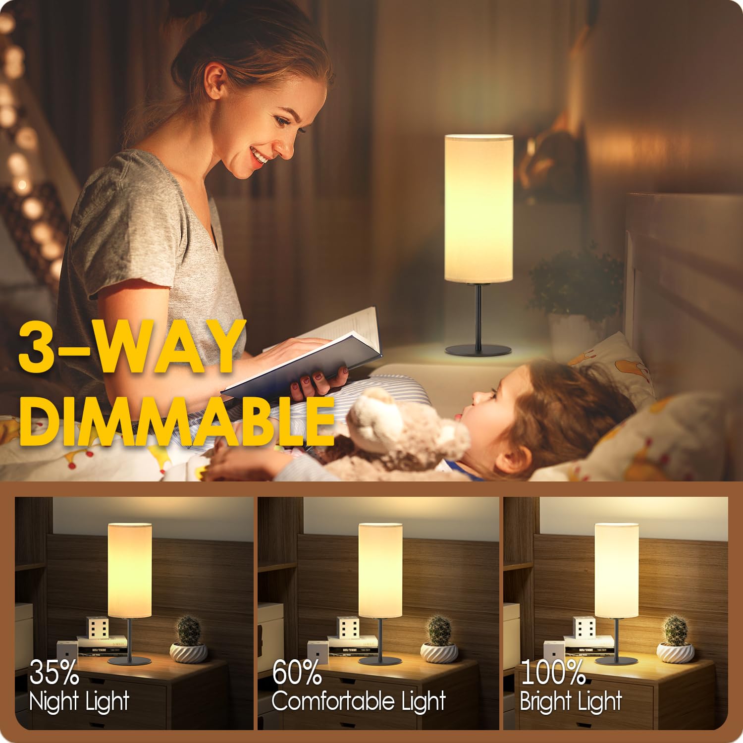 Aoceley Black Battery Operated Table Lamp Remote Control Cordless Rechargeable Lamp Dimmable 3-Way Nightstand Lamp With Fabric Shade For Bedroom, Living Room, Office (Led Bulb Included)