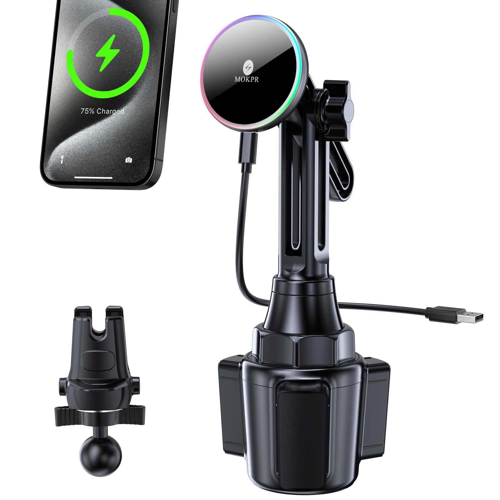 Mokpr For Magnetic Car Mount Charger- Wireless Car Charger Magnetic Cup Holder Air Vent Phone Mount-Colorful Led Hands Magnet Car Charger For Iphone 16 15/14/13/12 Series