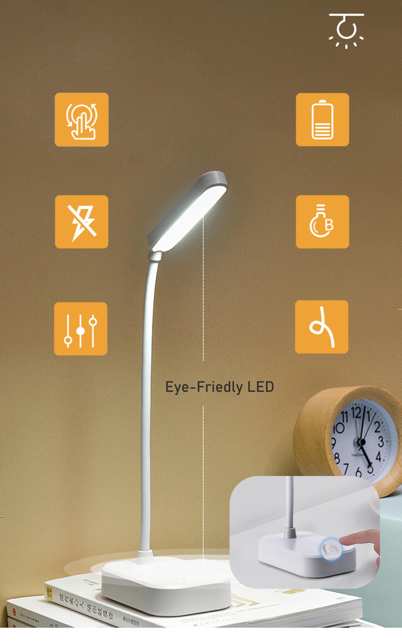 Bjack 2 Pack Of Bright Office Desk Lamp, 360 °Flexible Gooseneck Eye Protection Batter Lamp, 3 Position Adjustable Touch Control Light Night Studying Reading Room, Mini Desk Lamps Small Spaces