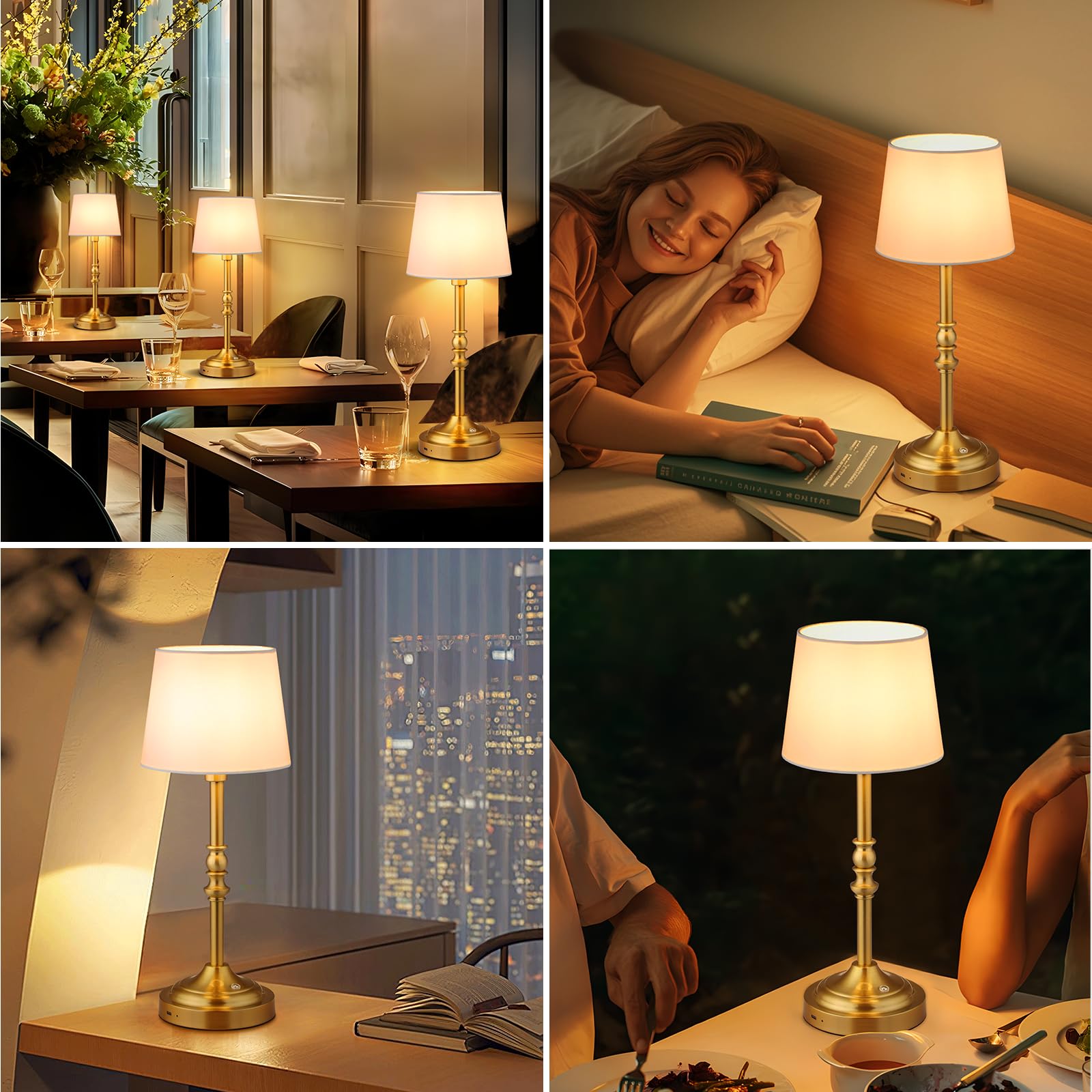 Ggoying Cordless Led Table Lamp, Rechargeable Battery Desk Lamp, Dimmer With 4-Level Brightness, Portable White Fabric Shade Bedside Night Light For Bedroom, Patio, Dining (Bronze)