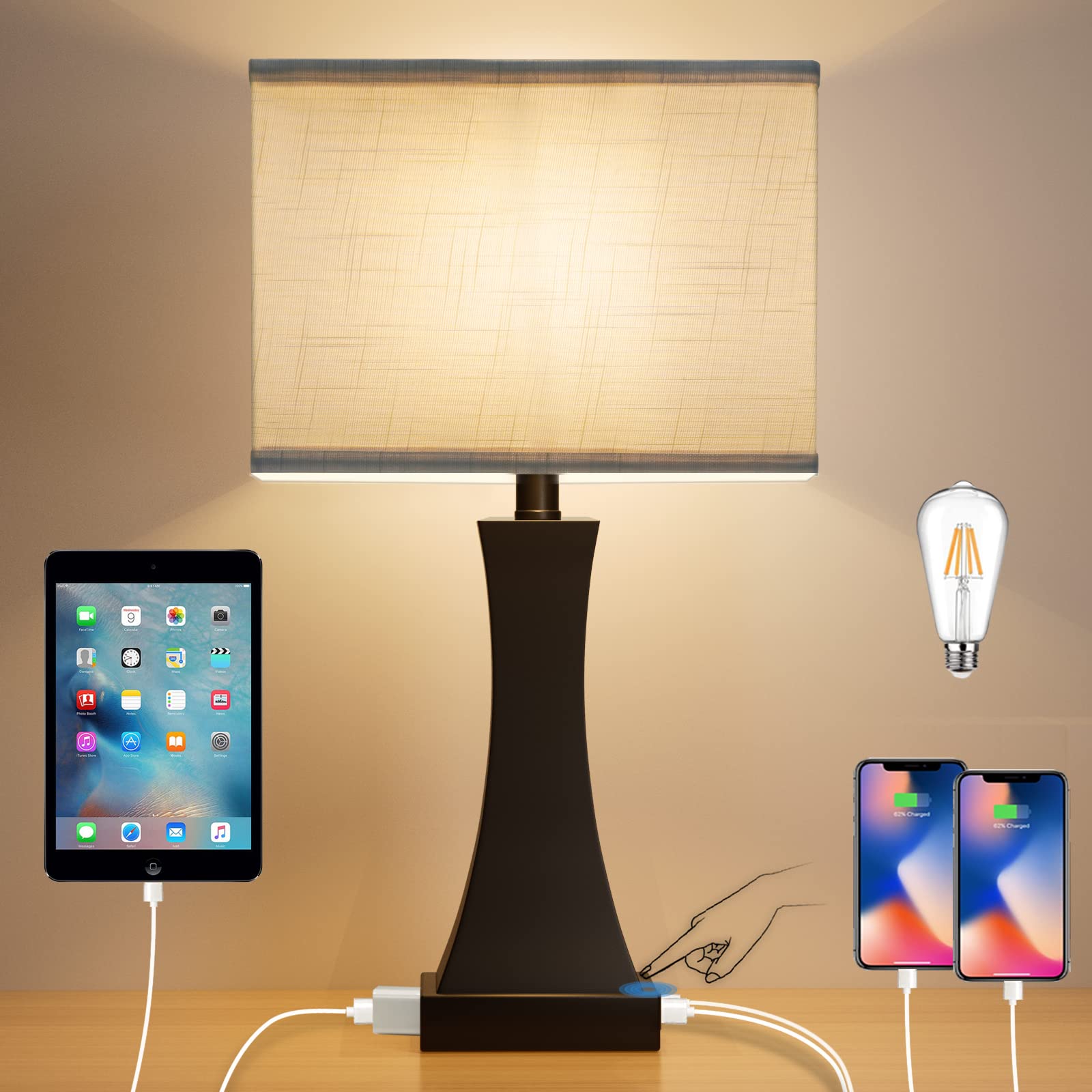 Oyedis Table Lamp For Bedroom 3-Way Dimmable Touch Control Bedside Lamp With Usb A+C Port & Ac Outlet 21.6" Tall Nightstand Lamp For Living Room Office And Hotel Bulb Included