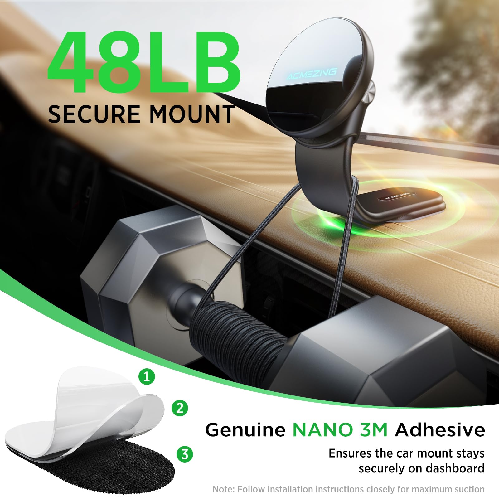 Acmezing 15W Only For Iphone Magsafe Car Mount Charger, 360% Adjustable Aluminum Alloy Arm, Relocatable Car Phone Holder, Magnetic Wireless Fast Charging, Cell Phone Holder For All Car Models, Black
