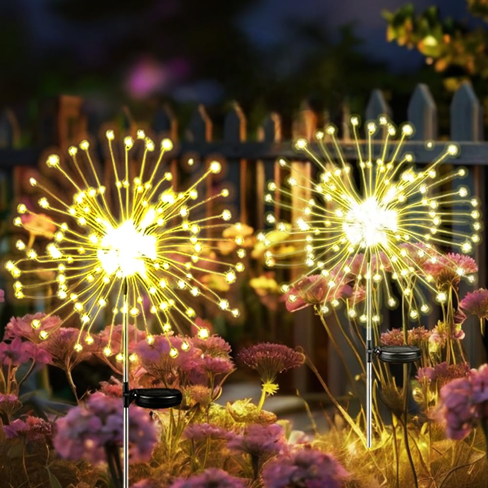 Hshine 2-Pack Solar Firework Lights Garden Decorations,150 Leds Outdoor Sparkler Fairy Lamps With 8 Modes, Waterproof Landscape Yard Pathway Christmas Decor