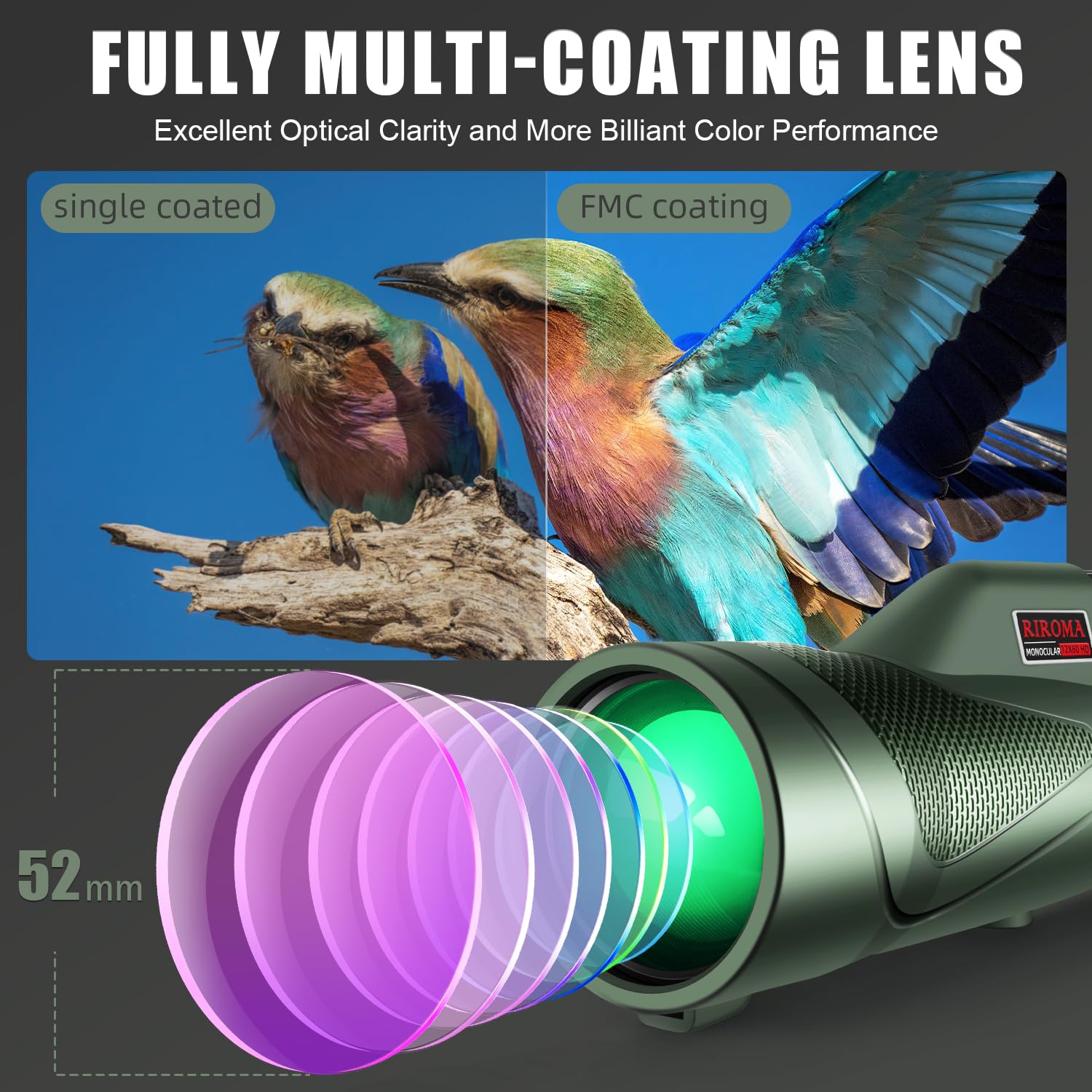 Riroma Monocular - Telescope 12X60 Hd Monocular With Smartphone Adapter Tripod & Portable Bag, Monoculars For Adults High Power With Bak4 Prism & Fmc Lens, Suitable For Bird Watching Hunting Hiking Camping